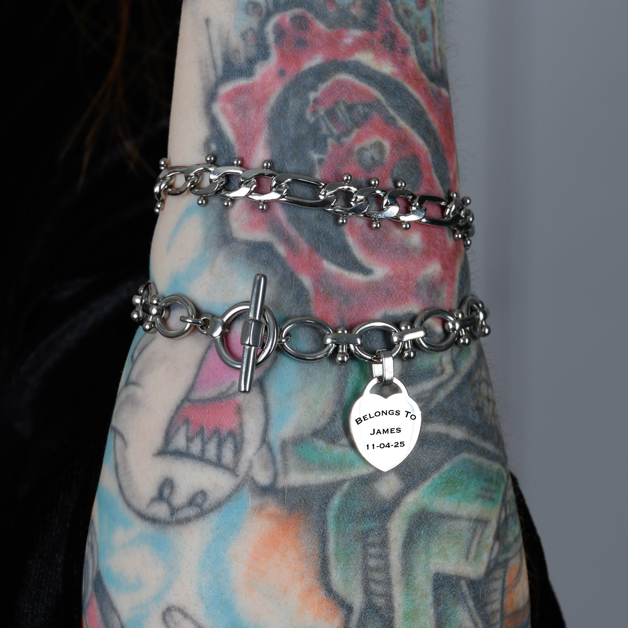 Chunky personalised heart bracelet in silver stainless steel