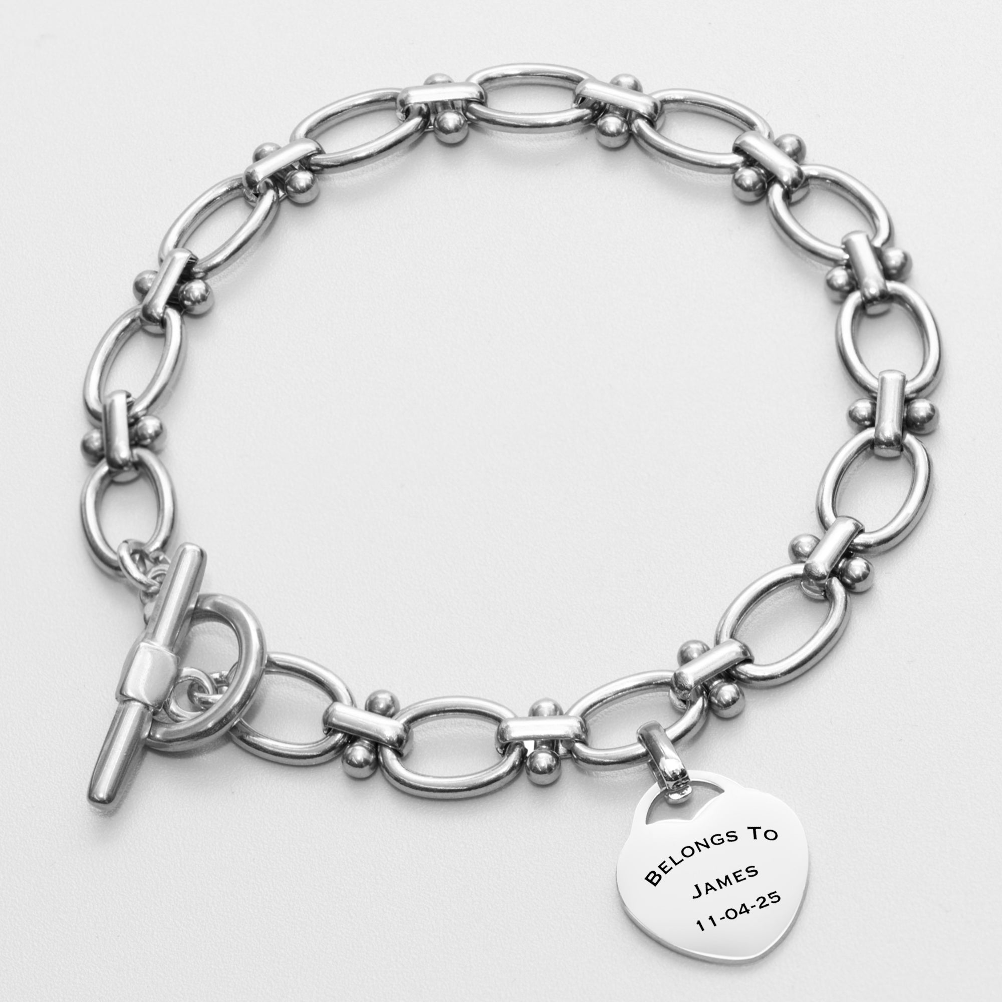 Chunky personalised heart bracelet in silver stainless steel