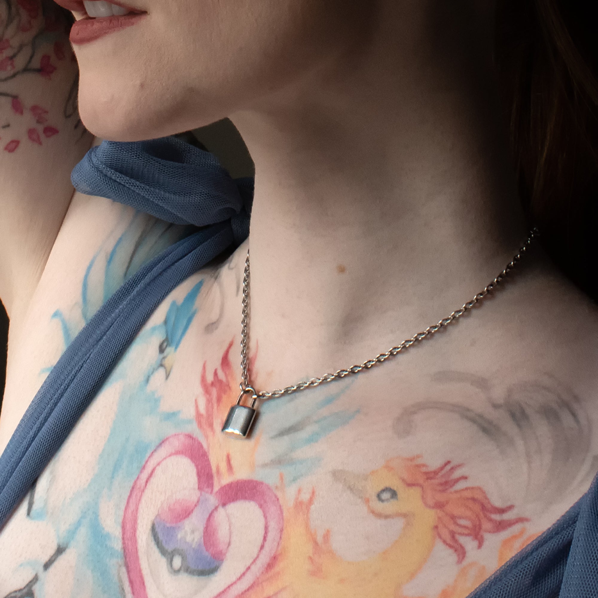 Day Collar with small padlock pendant on model