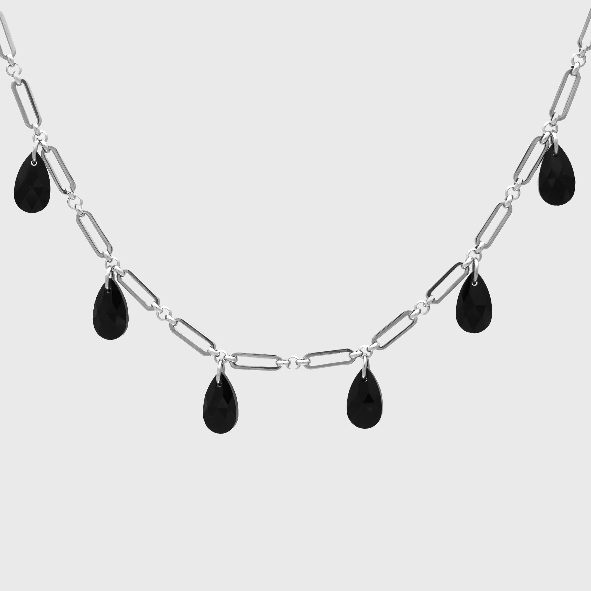 silver paperclip choker necklace featuring black glass teardrop charms