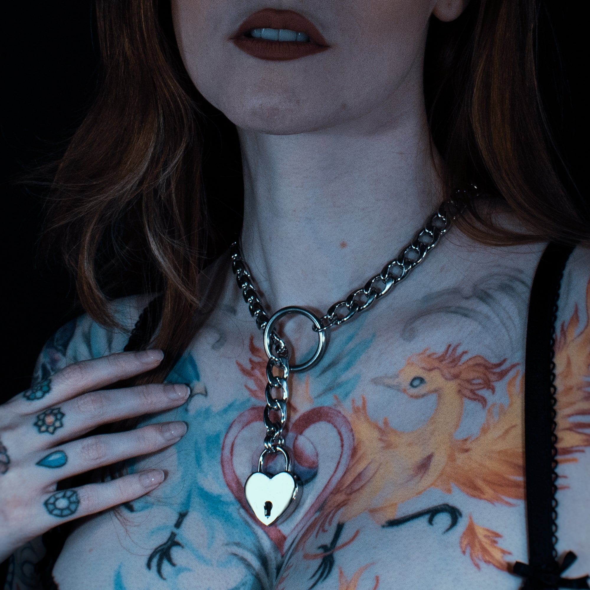 12mm Cuban chain, O ring slip chain choker necklace, including heart shaped padlock and key, locking choker chain