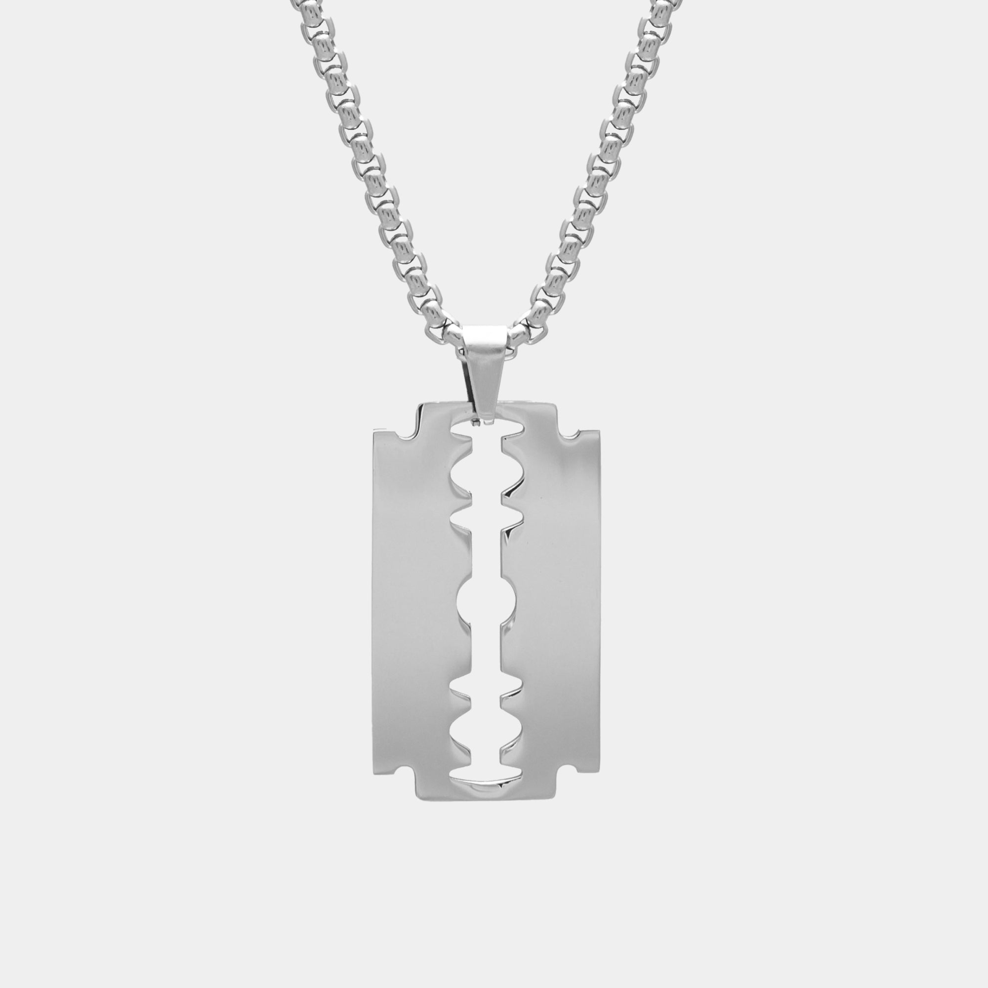 extra large razor blade pendant choker in silver on a chunky box chain necklace