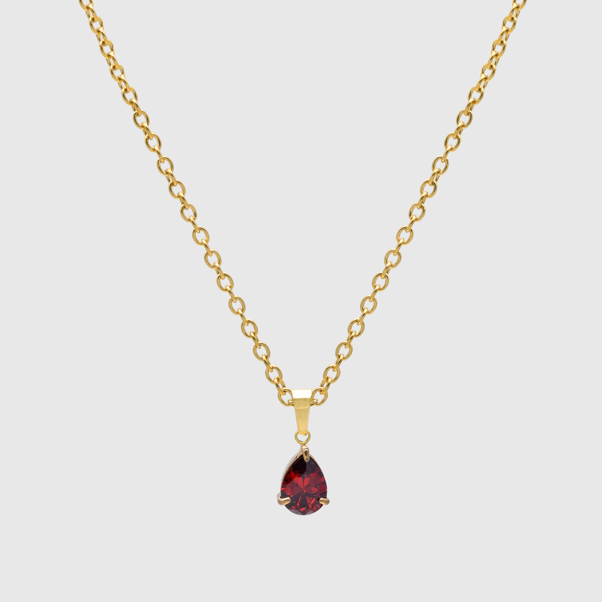 January Red Garnet Birthstone necklace in gold, pear cut stone