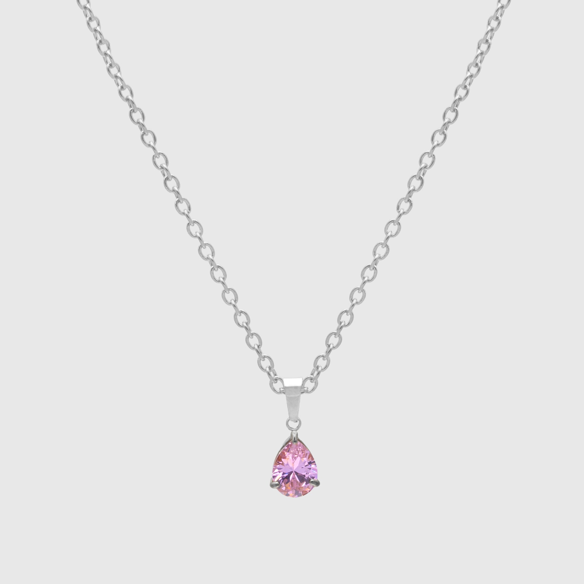 Pear cut pink tourmaline birthstone necklace in silver, October birthstone 