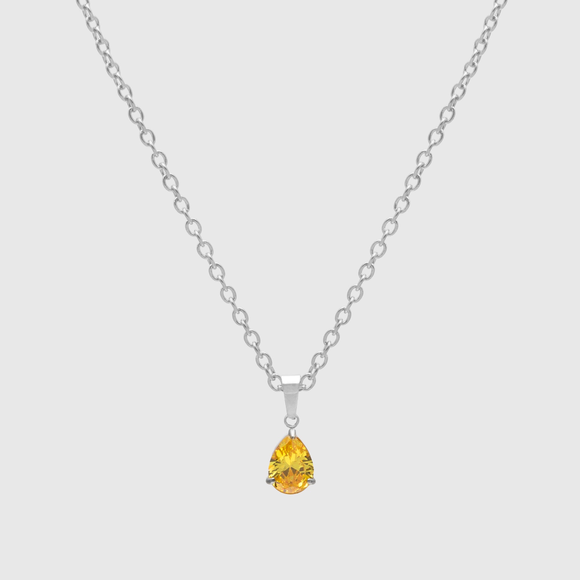 Pear cut Citrine birthstone necklace in silver, Novembers birthstone 