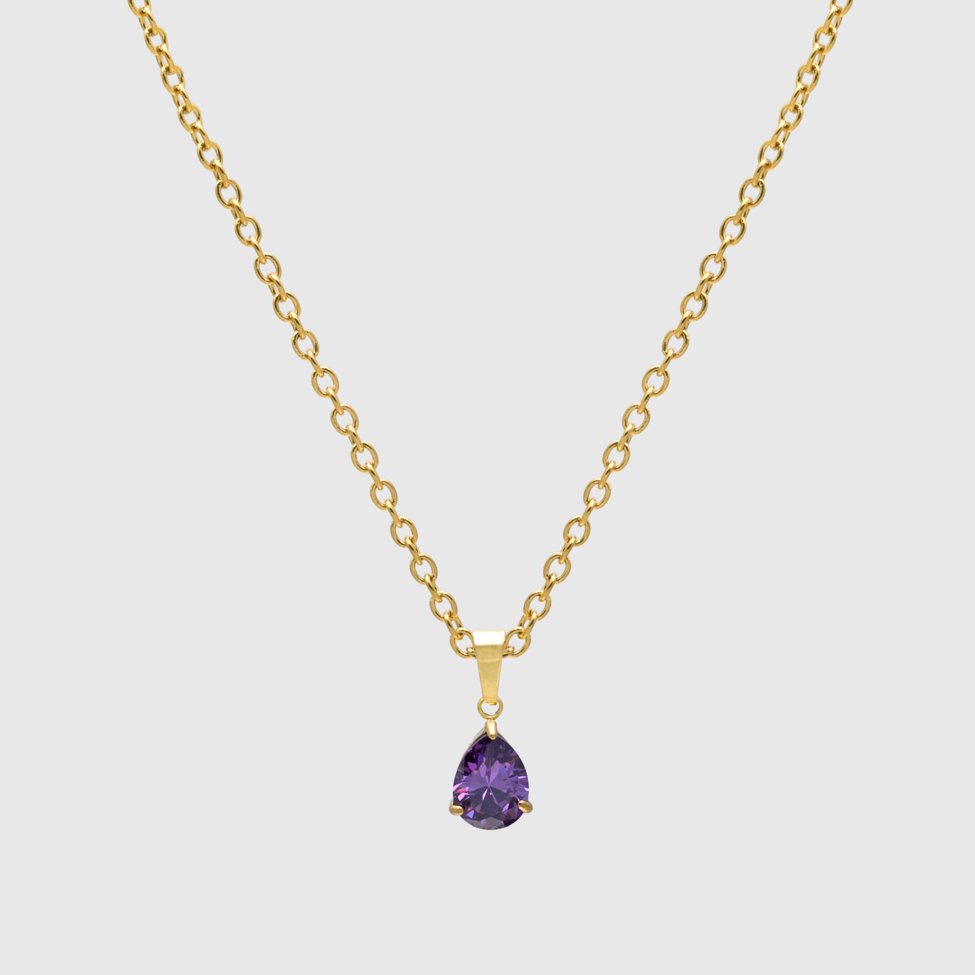 February Birthstone necklace, Pear cut Amethyst in gold 