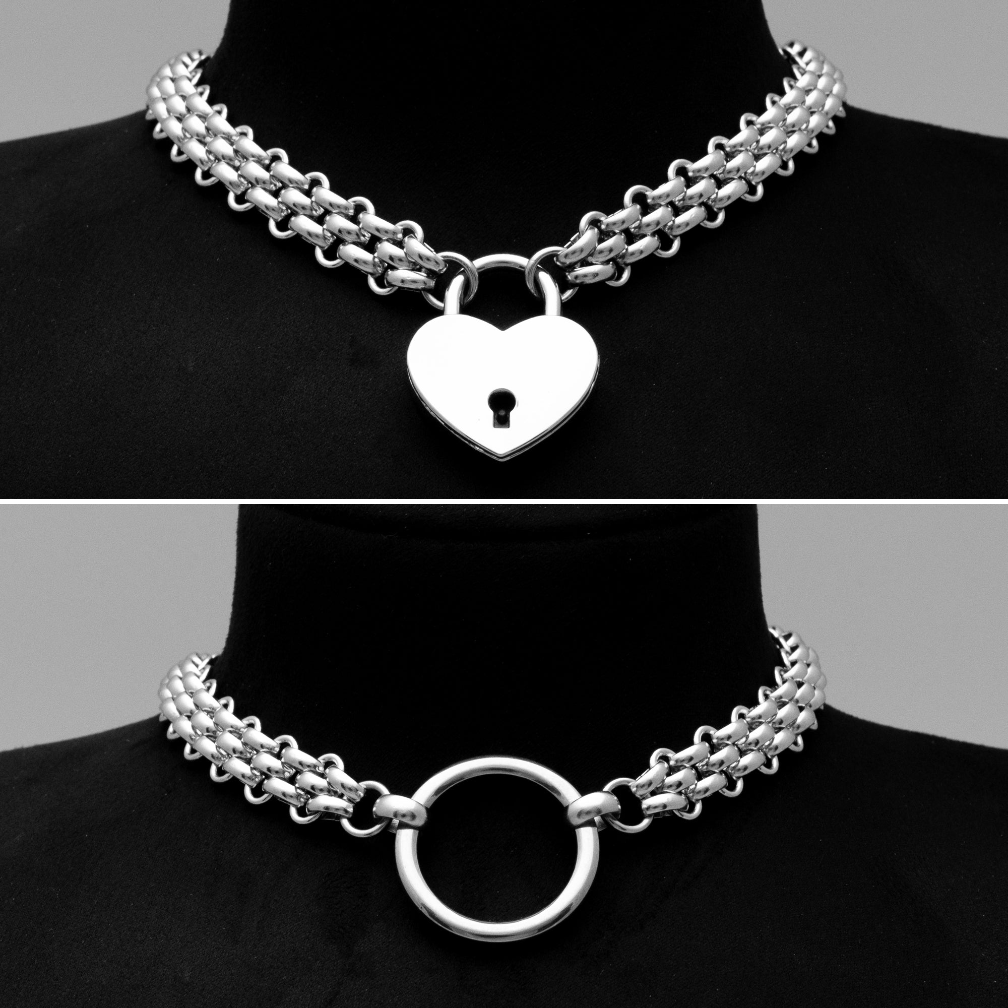 2 in 1 Large Chainmail O Ring Day Collar & Padlock - (Silver)