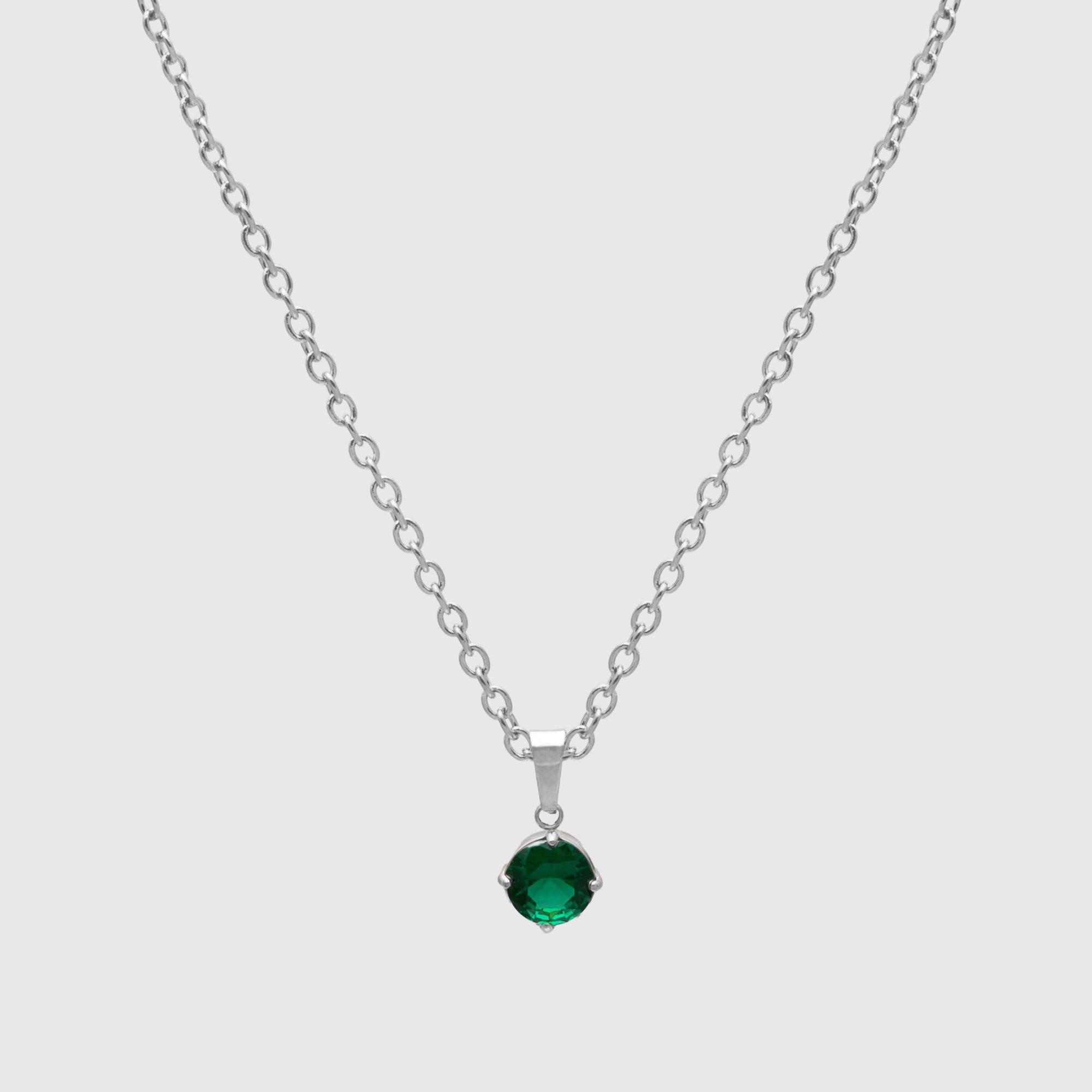 May Emerald green birthstone necklace in silver 