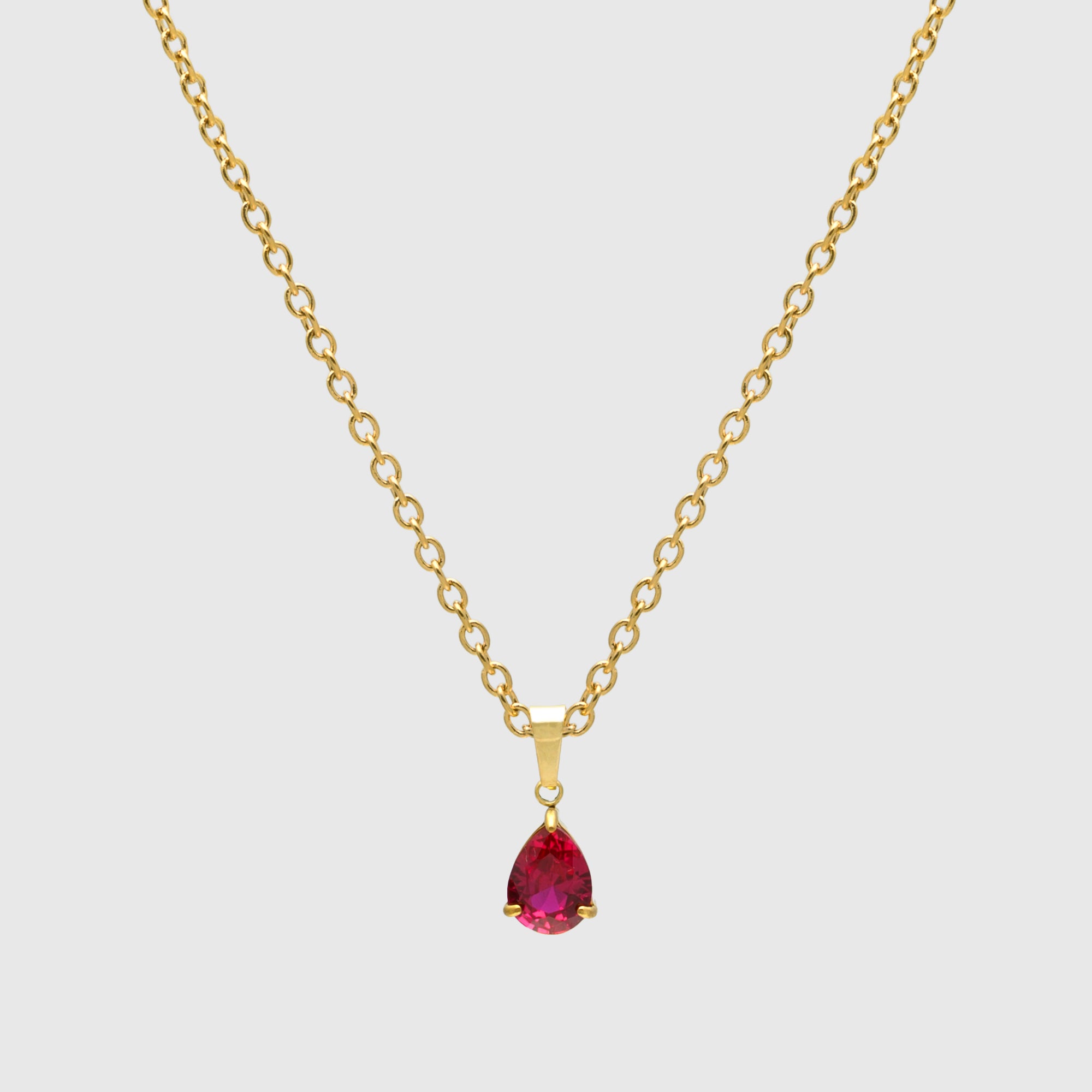 Pear cut pink Ruby birthstone necklace in gold