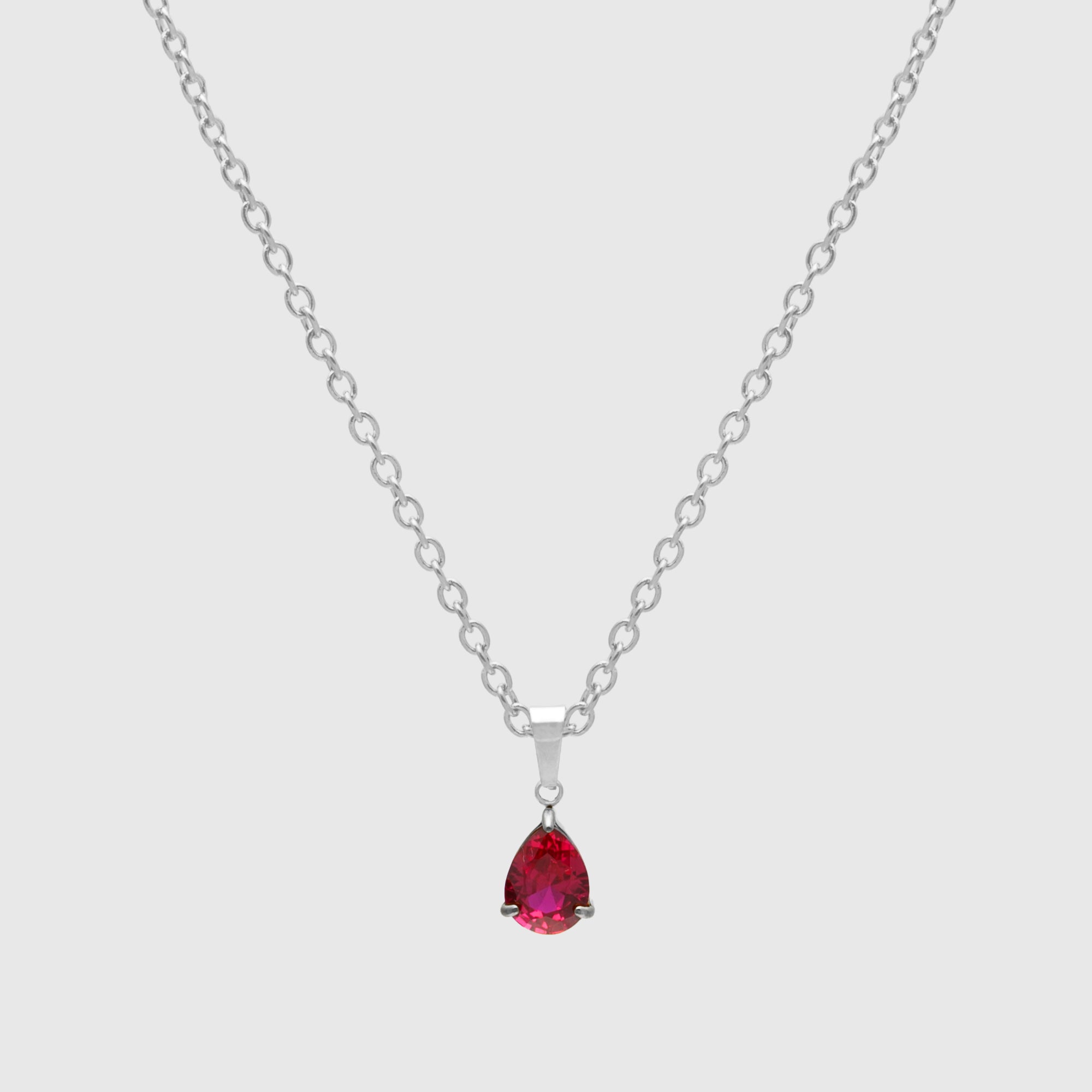 Pear cut Pink Ruby birthstone necklace in silver 