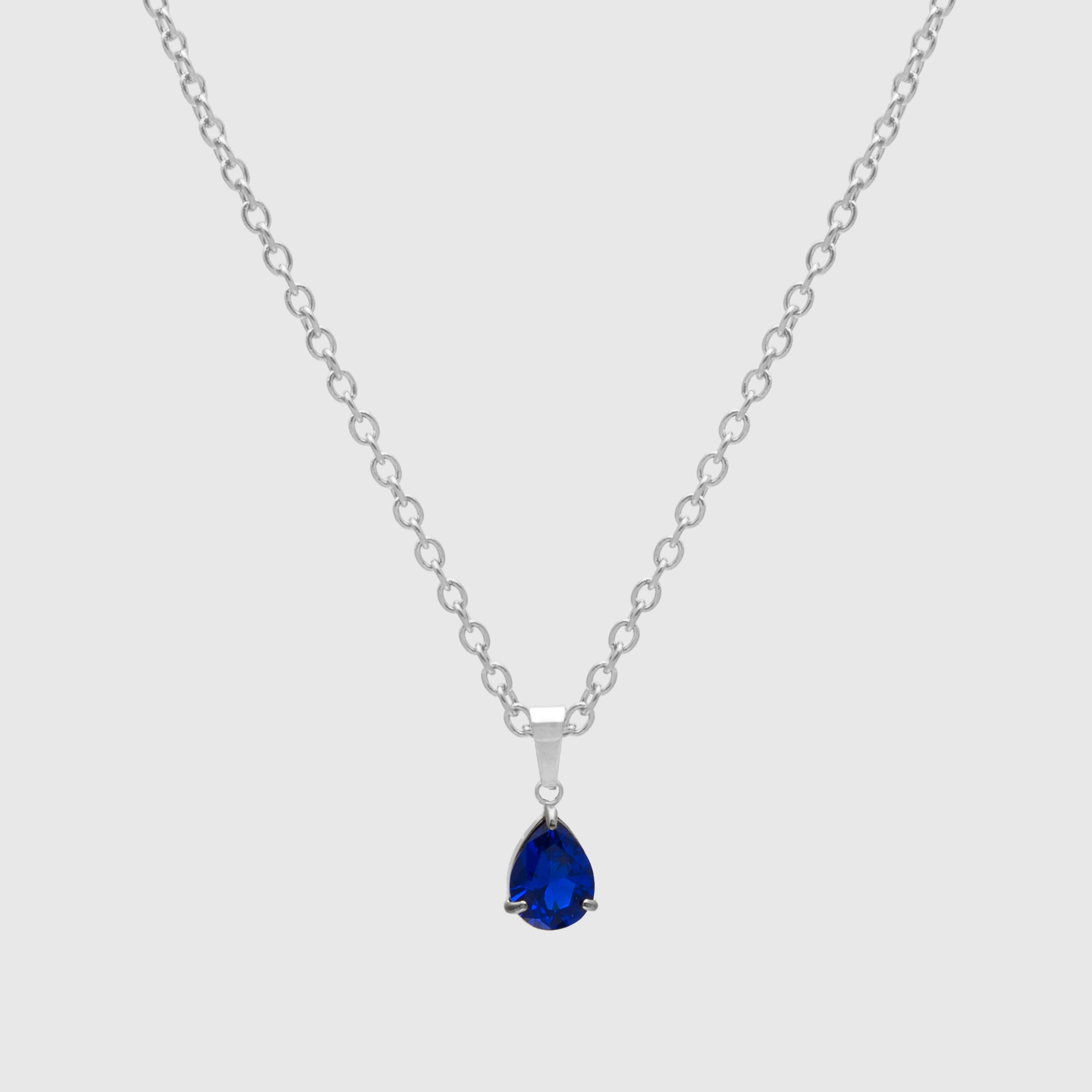 Pear cut Blue Sapphire birthstone necklace for September in silver
