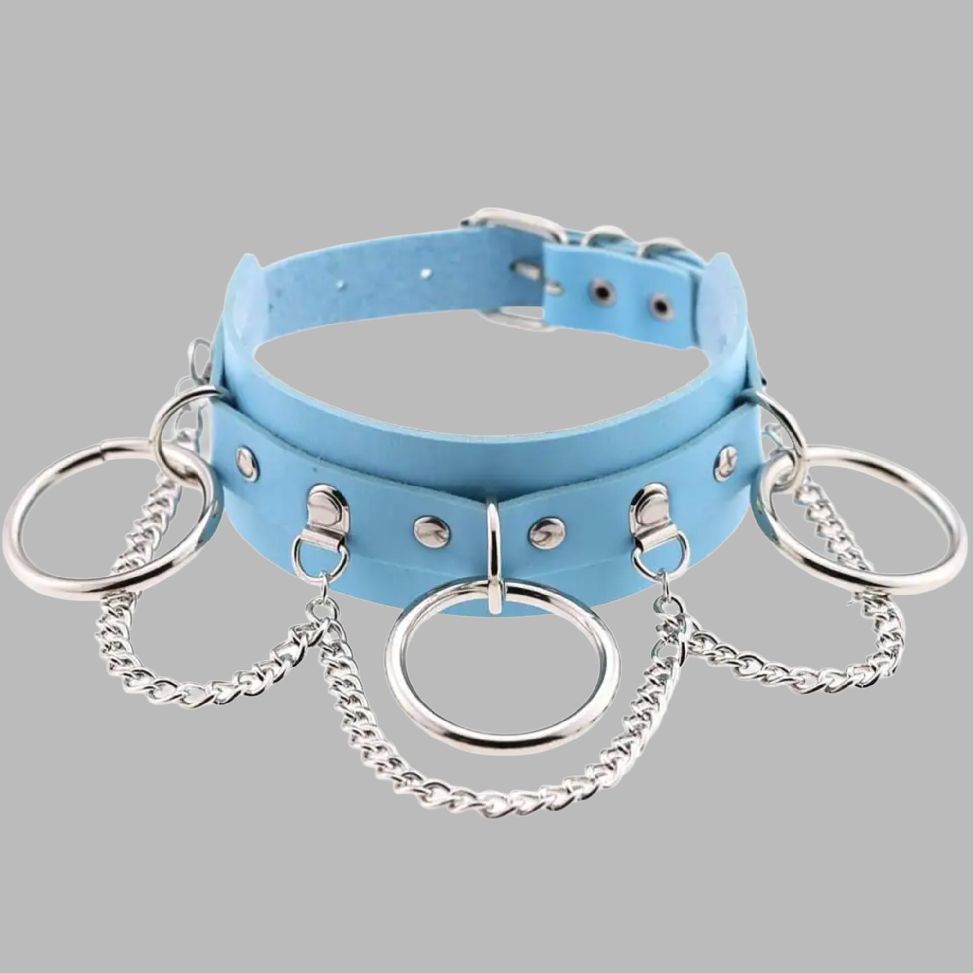 Baby blue triple O-ring punk collar, silver hardware and buckle fastening