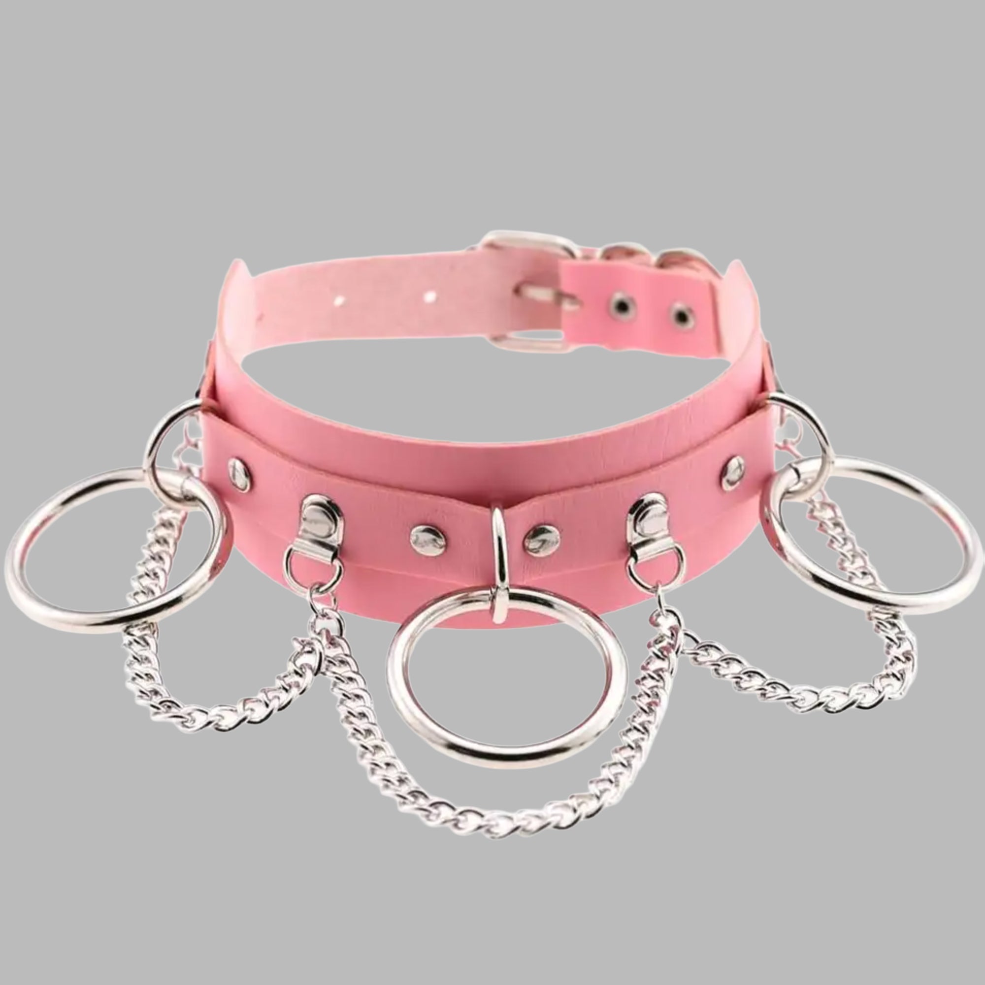 Baby pink triple O-ring punk collar, silver hardware and chain detail