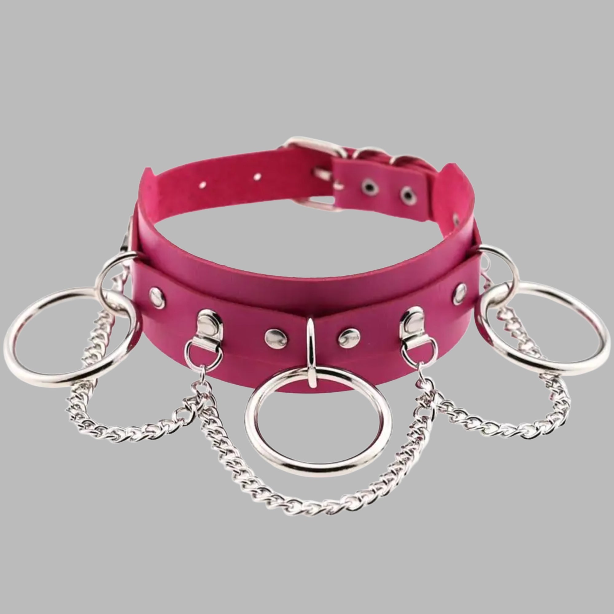Hot pink triple O-ring punk collar, silver hardware and buckle fastening