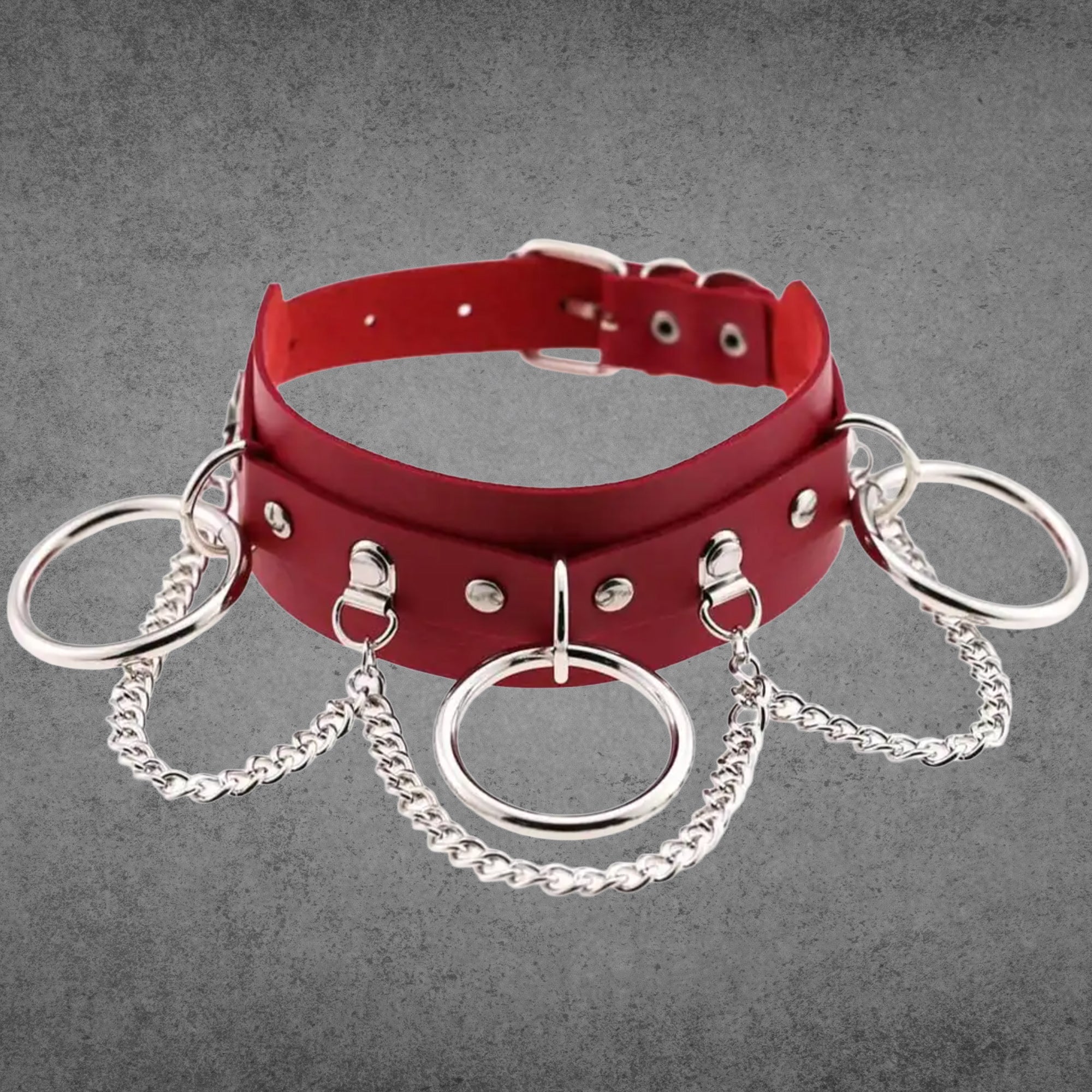 Red faux leather collar with three silver O-rings linked by chains