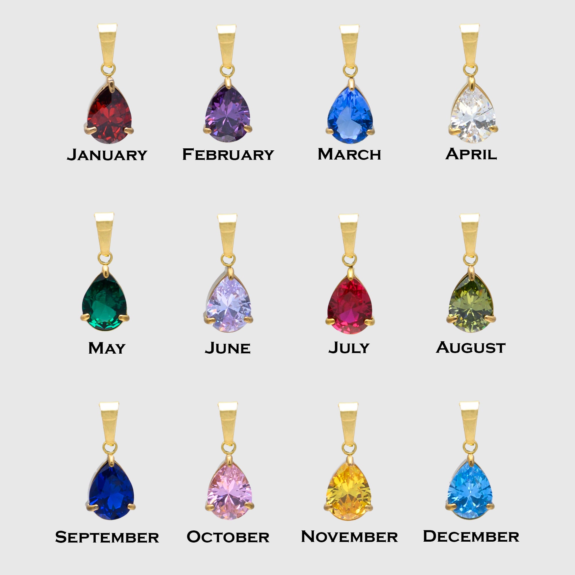 12 pear cut birthstone pendants in gold 