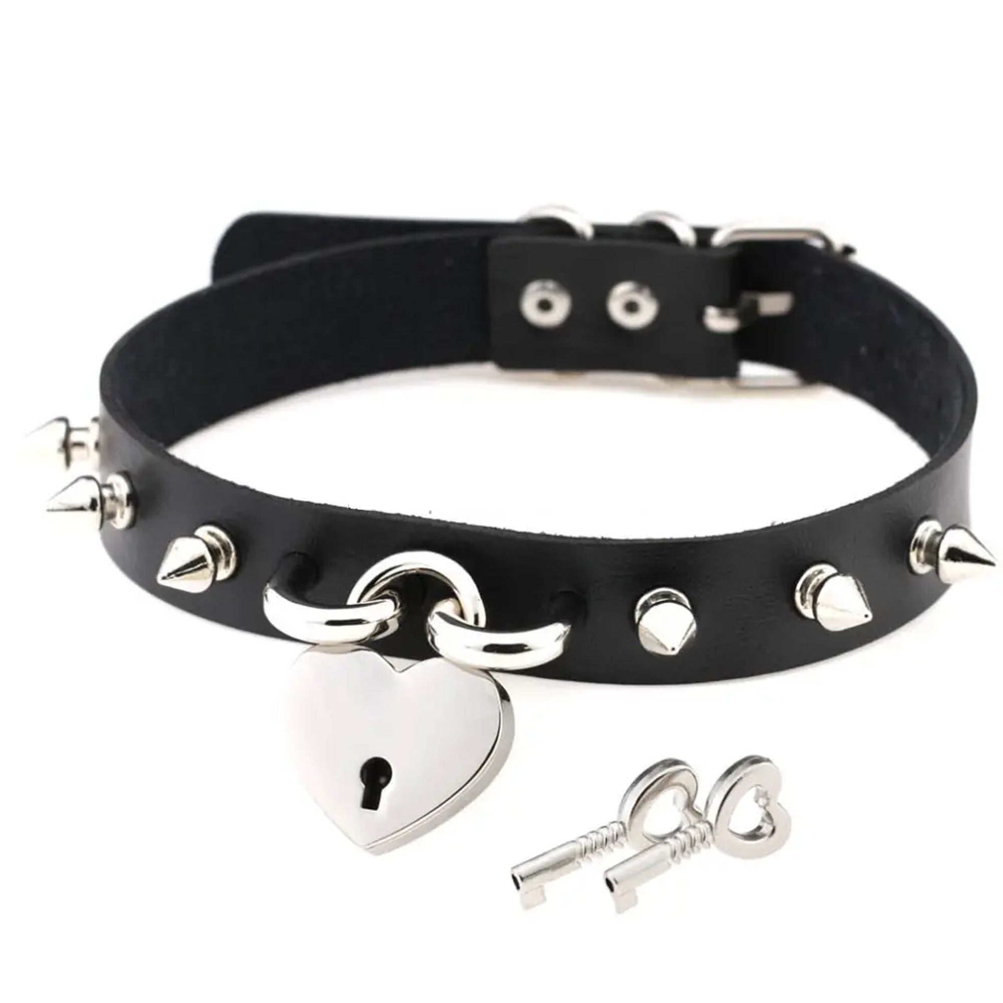 Studded Heart Padlock Choker - Black