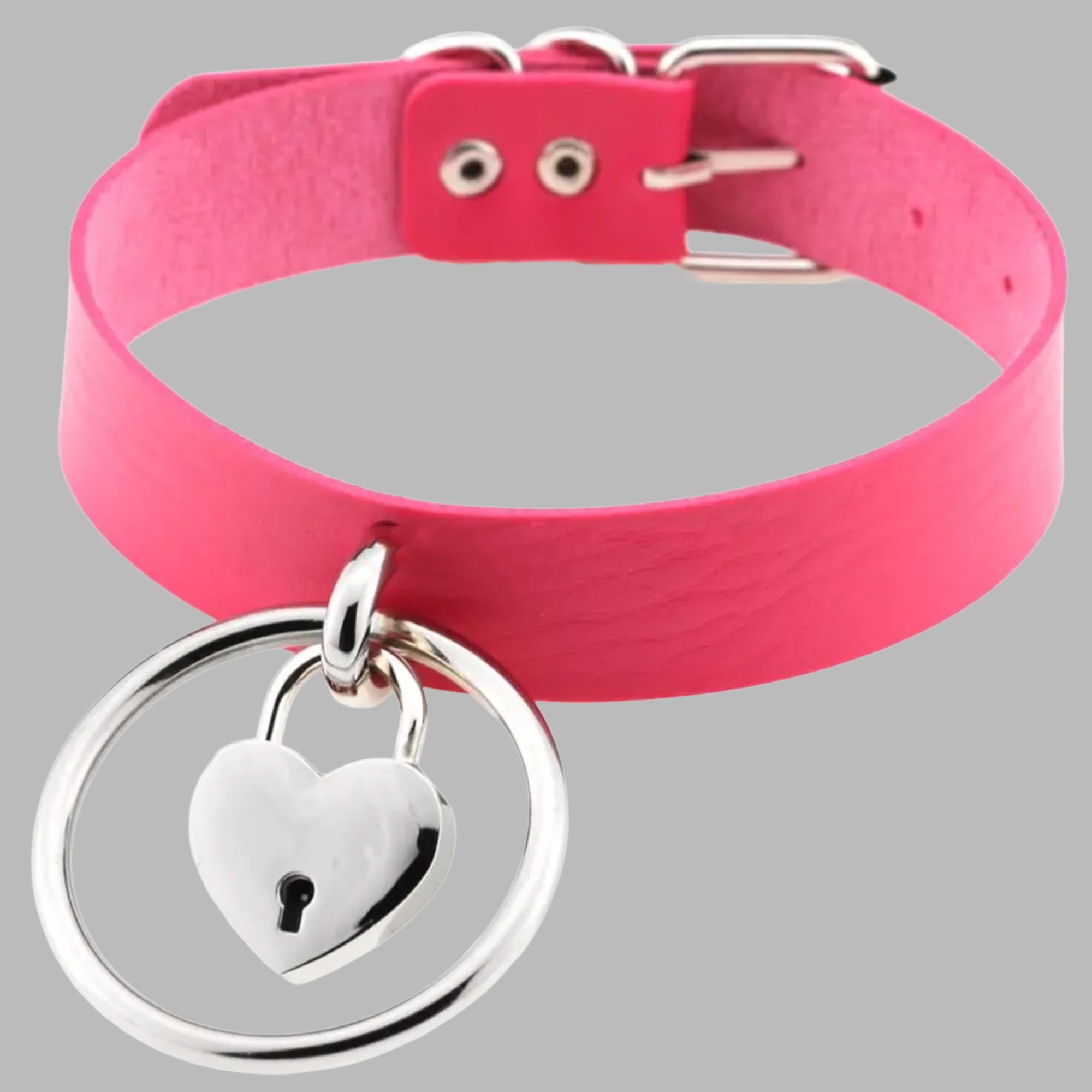 Hot pink padlock collar, heart lock with key and rivet stud detail