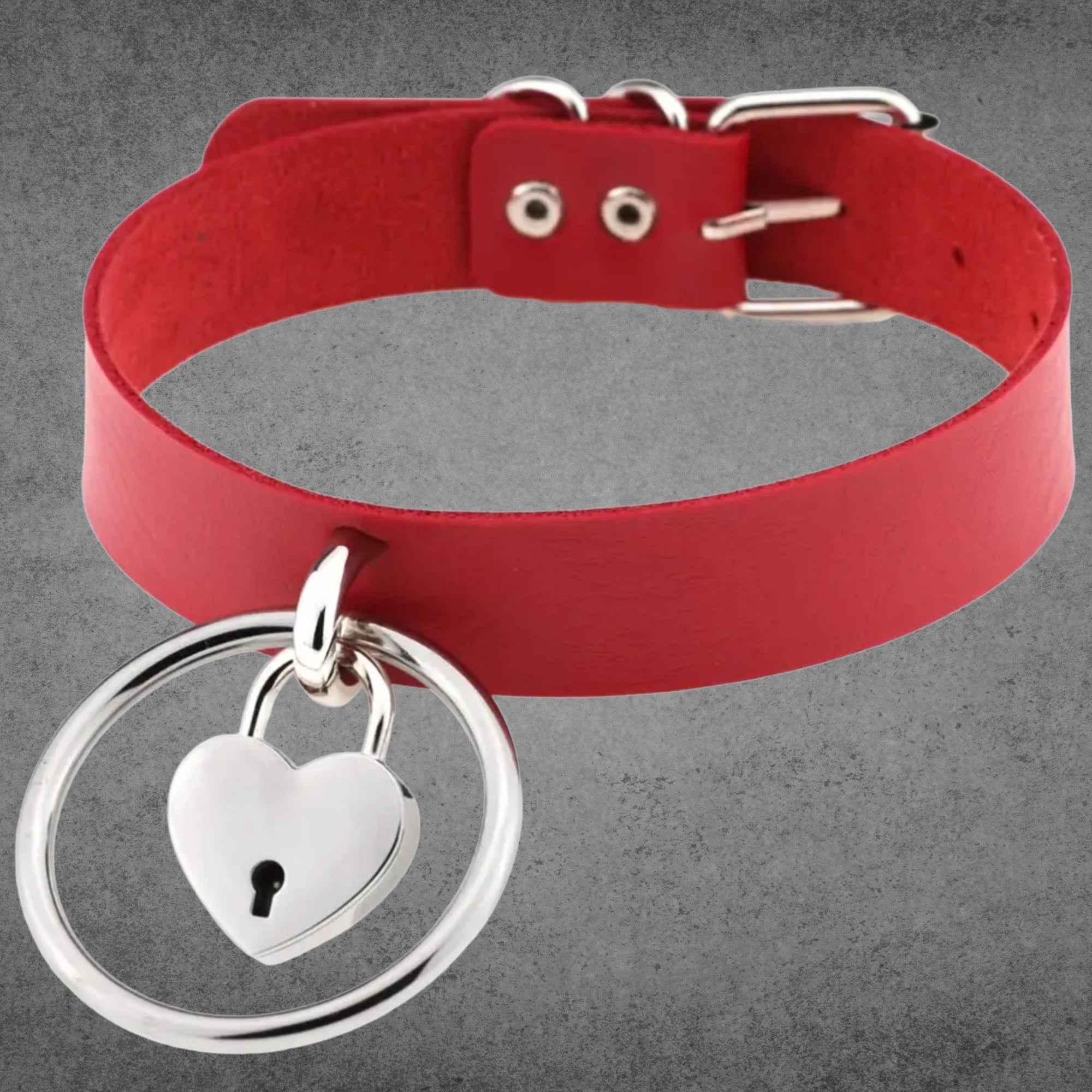 Red faux leather collar with silver O-ring and heart padlock