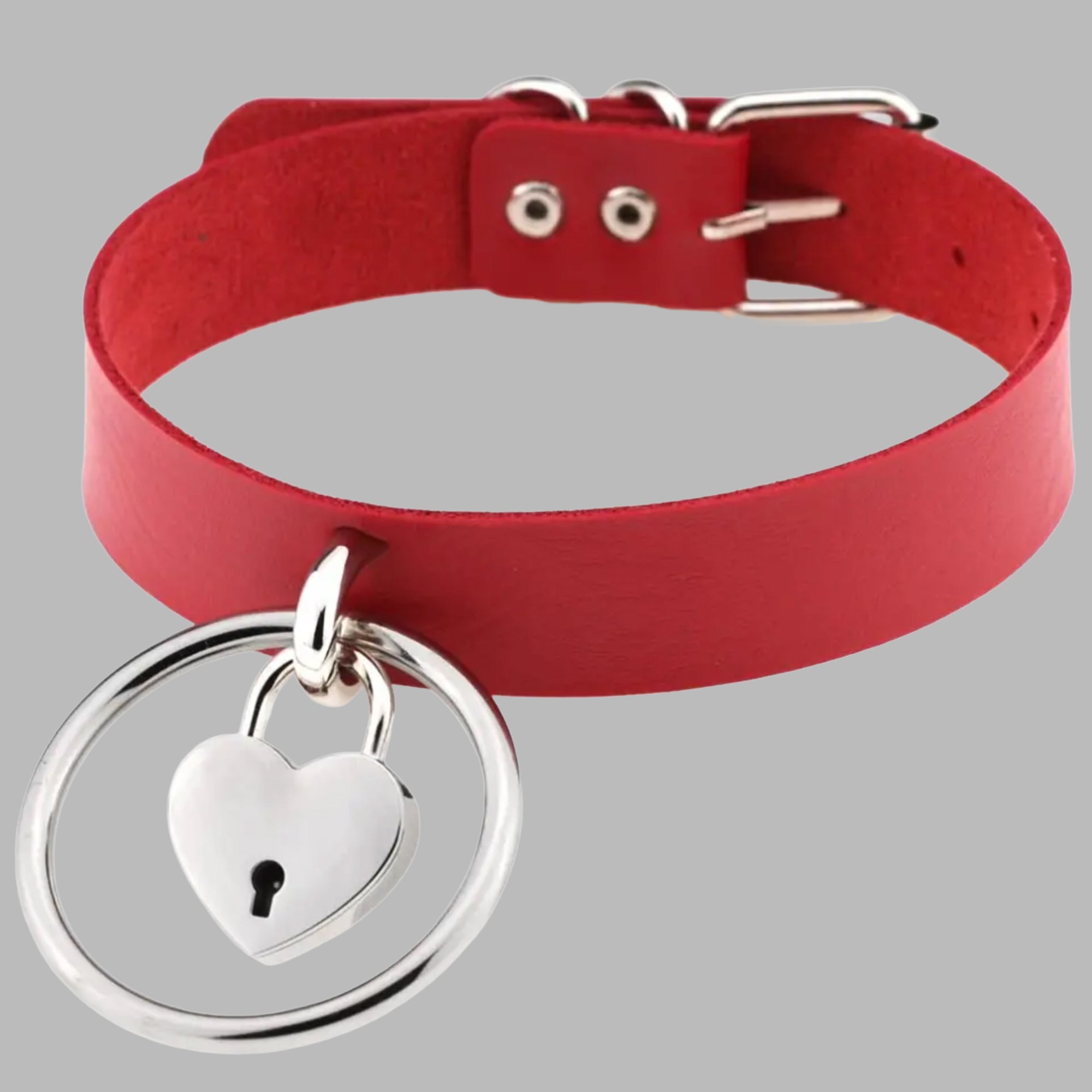 Red padlock collar, heart lock with key and rivet stud detail