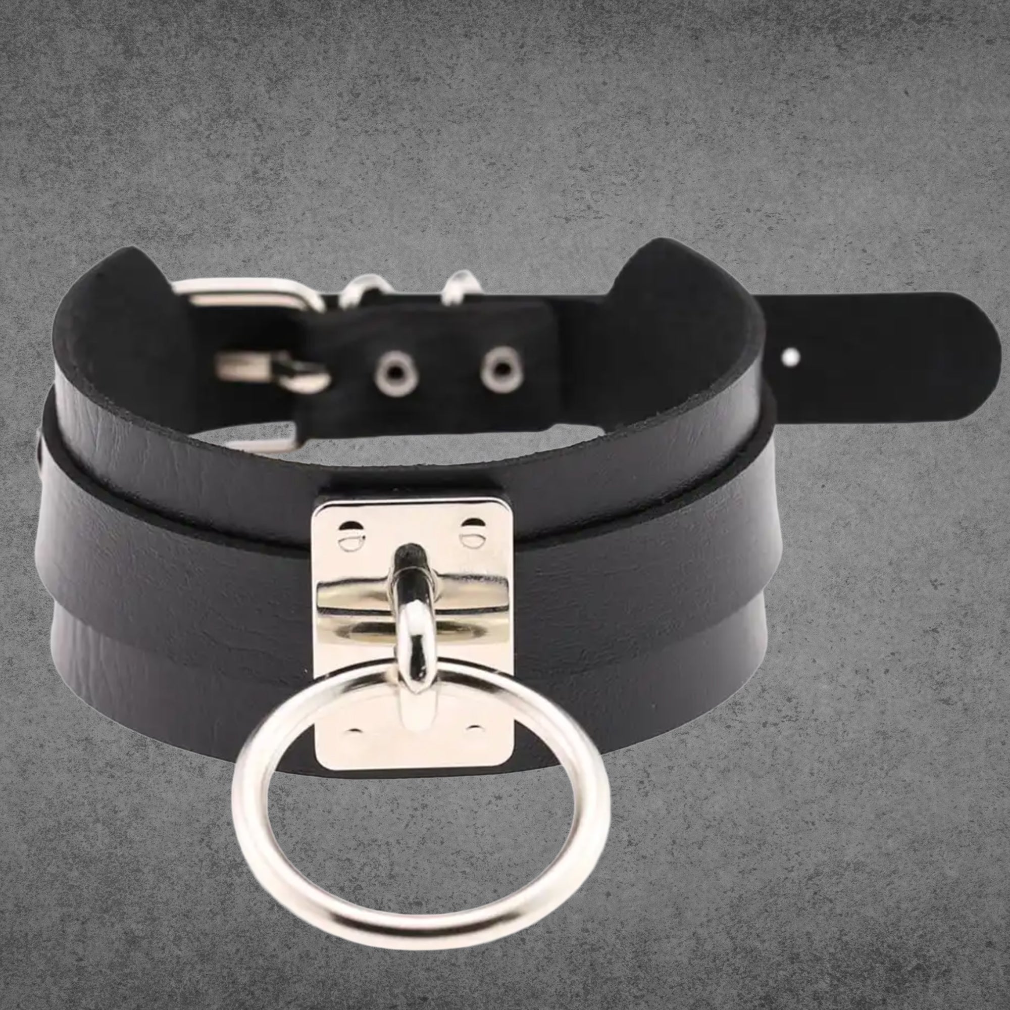 Black faux leather collar with a large silver O-ring centrepiece