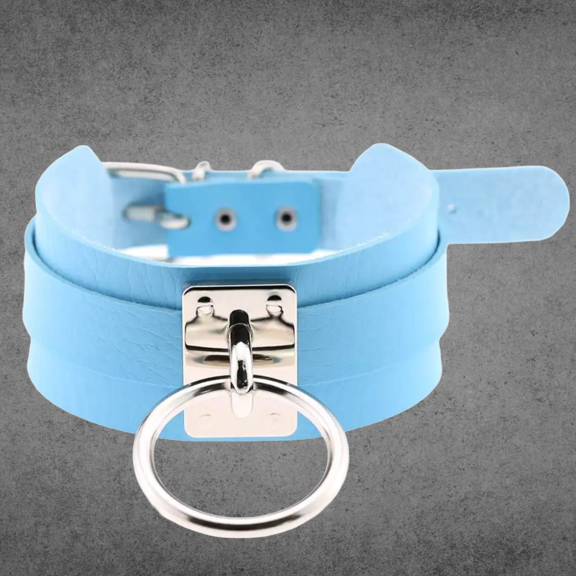 Baby blue faux leather collar with a large silver O-ring centrepiece