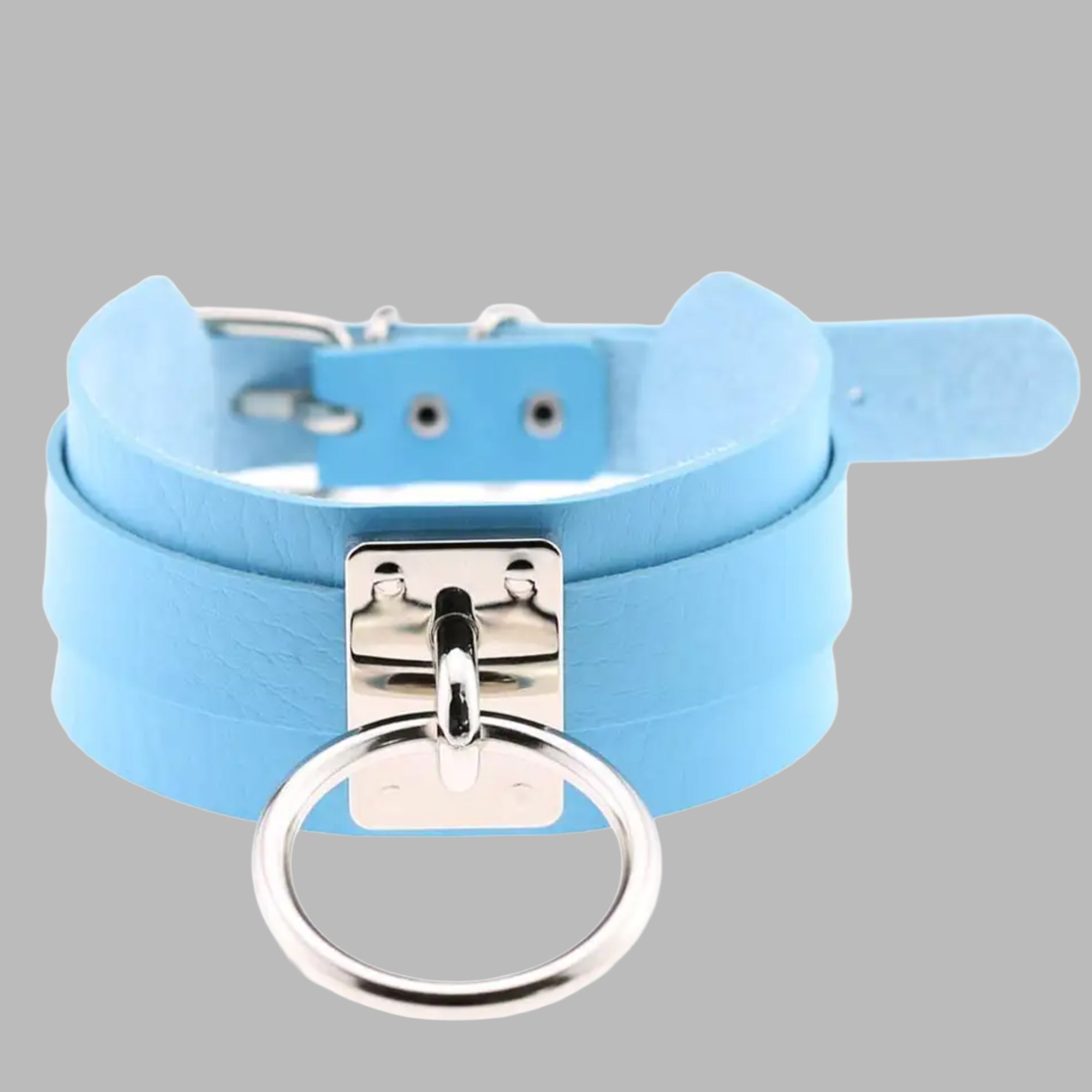 Baby blue single O-ring collar, silver ring and buckle fastening