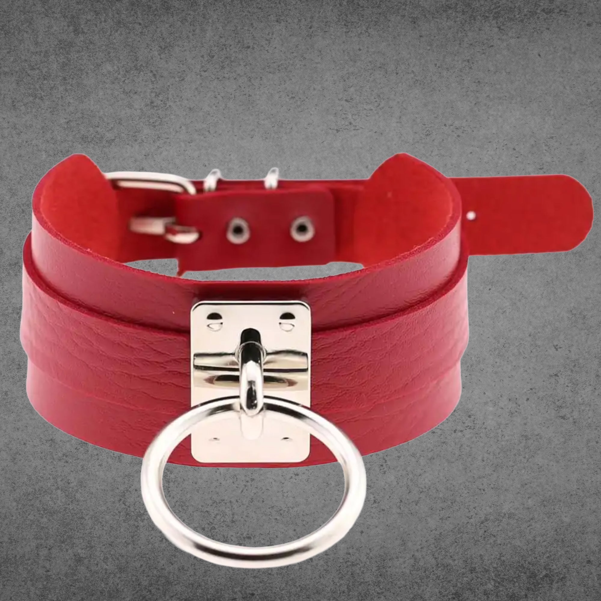 Red faux leather collar with a large silver O-ring centrepiece