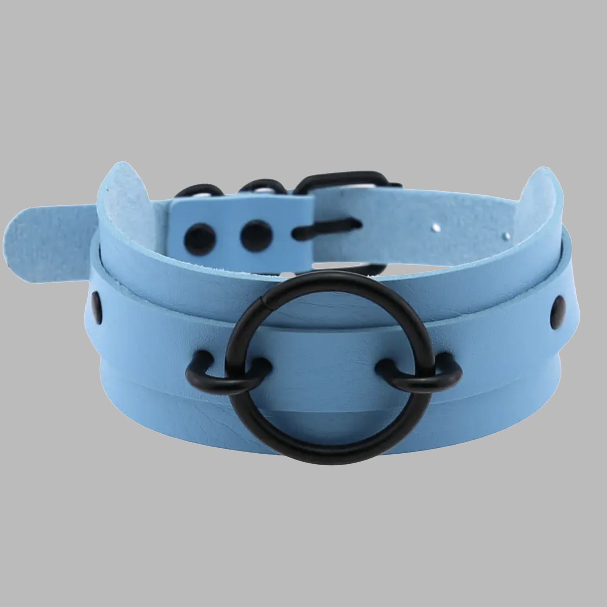Fixed O Ring Choker Collar - Baby Blue & Black