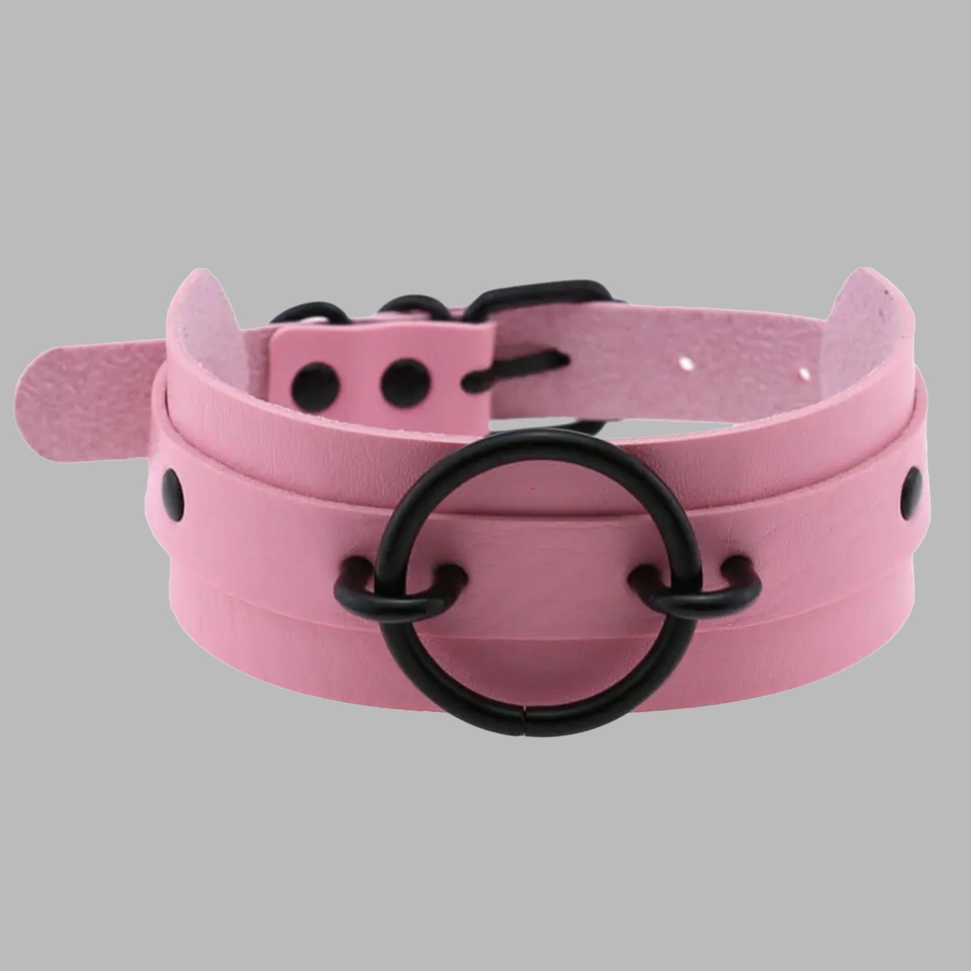 Fixed O Ring Choker Collar - Baby Pink & Black