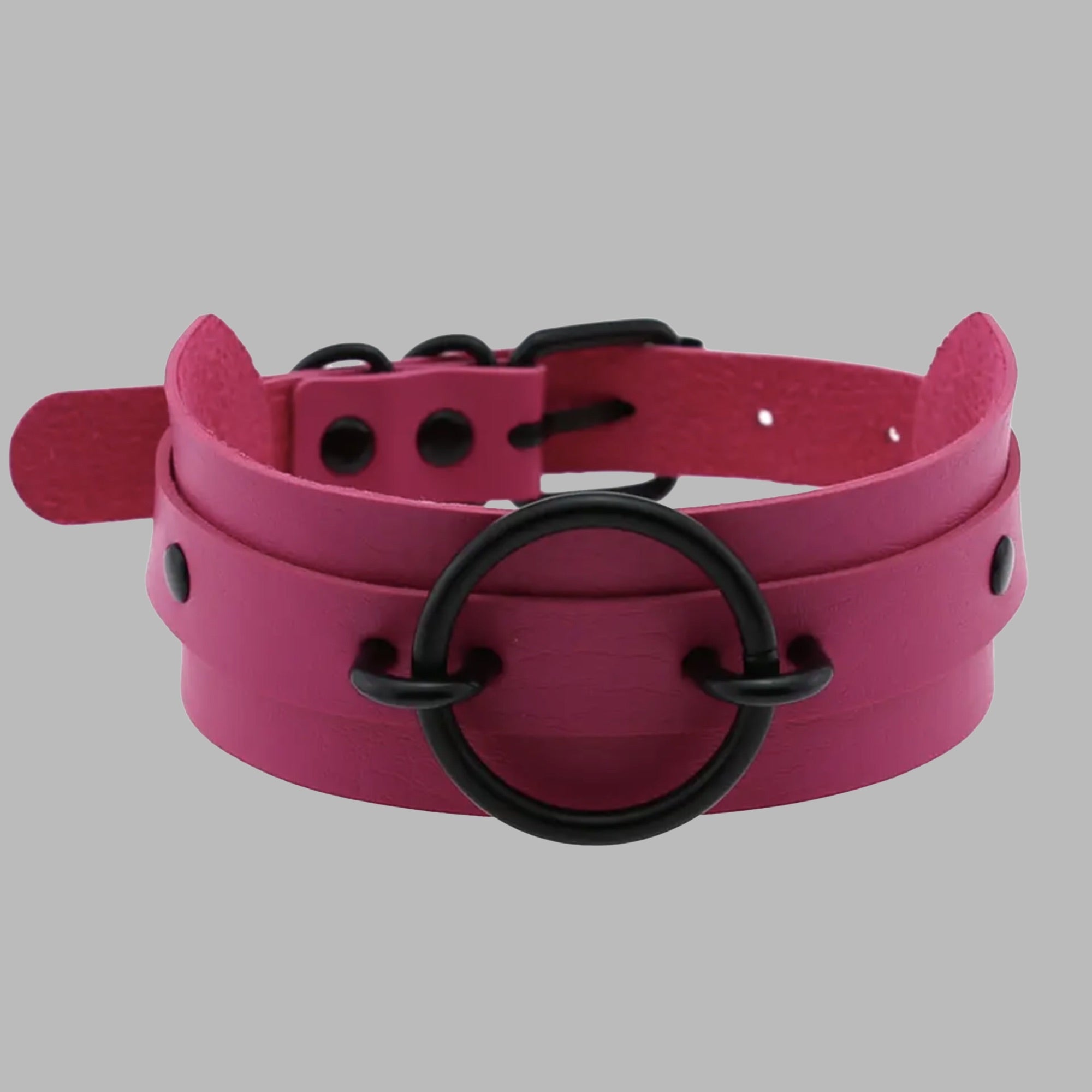 Fixed O Ring Choker Collar - Hot Pink & Black