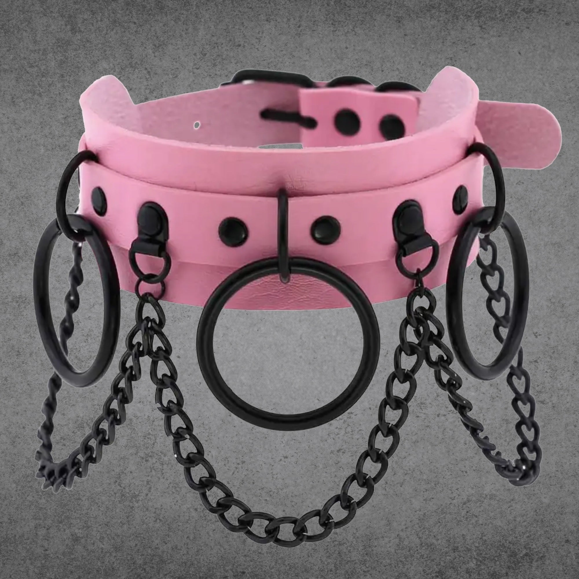 Triple O Ring & Chains Collar - Baby Pink & Black