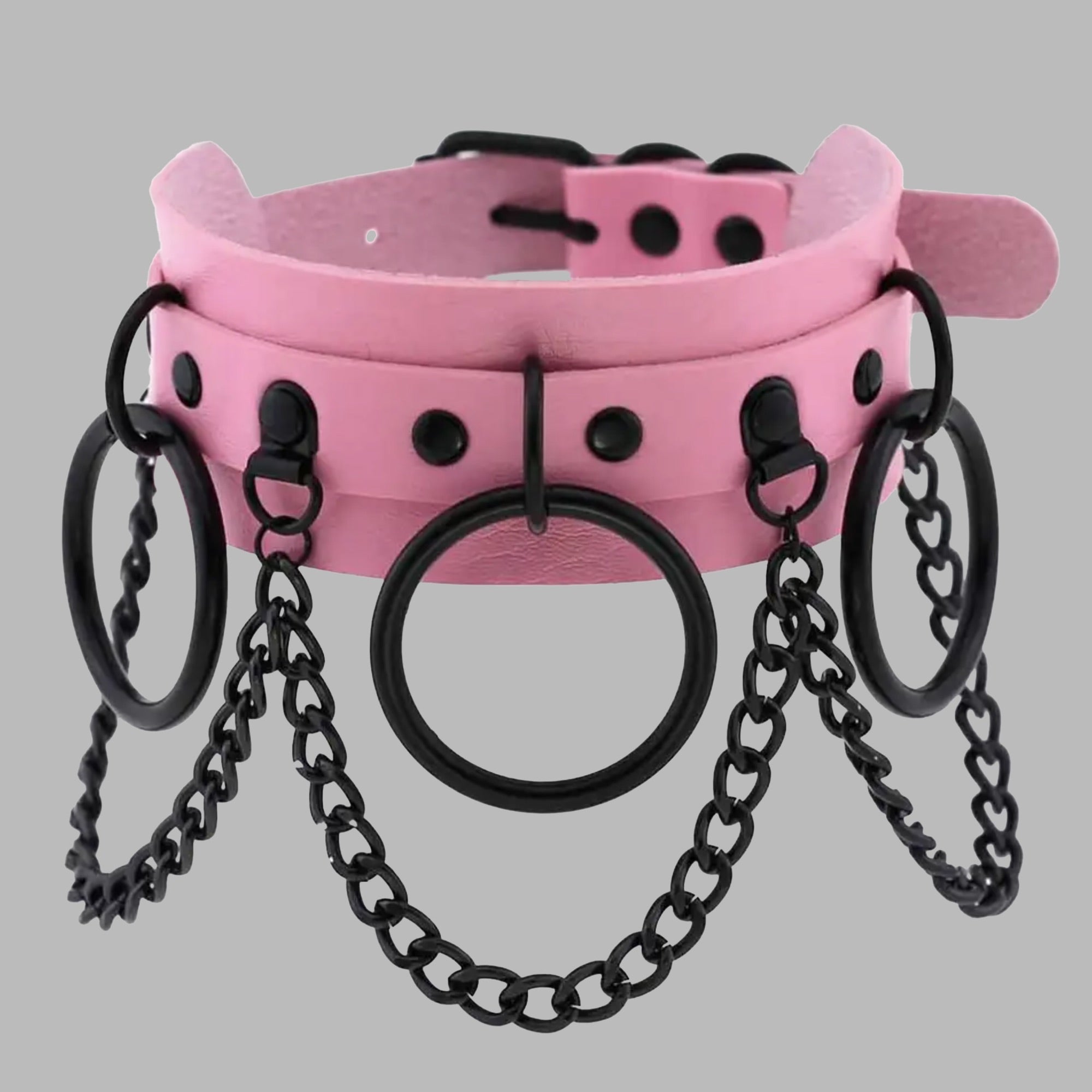 Triple O Ring & Chains Collar - Baby Pink & Black