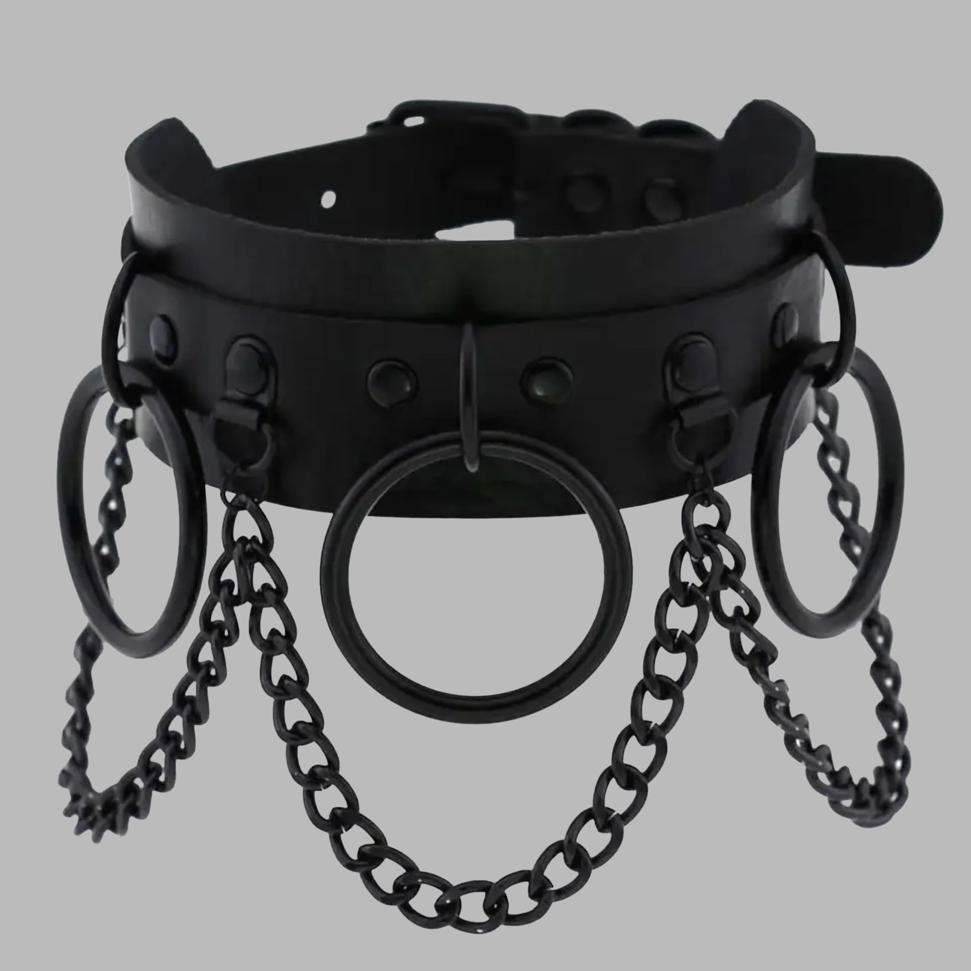 Triple O Ring & Chains Collar - Black & Black