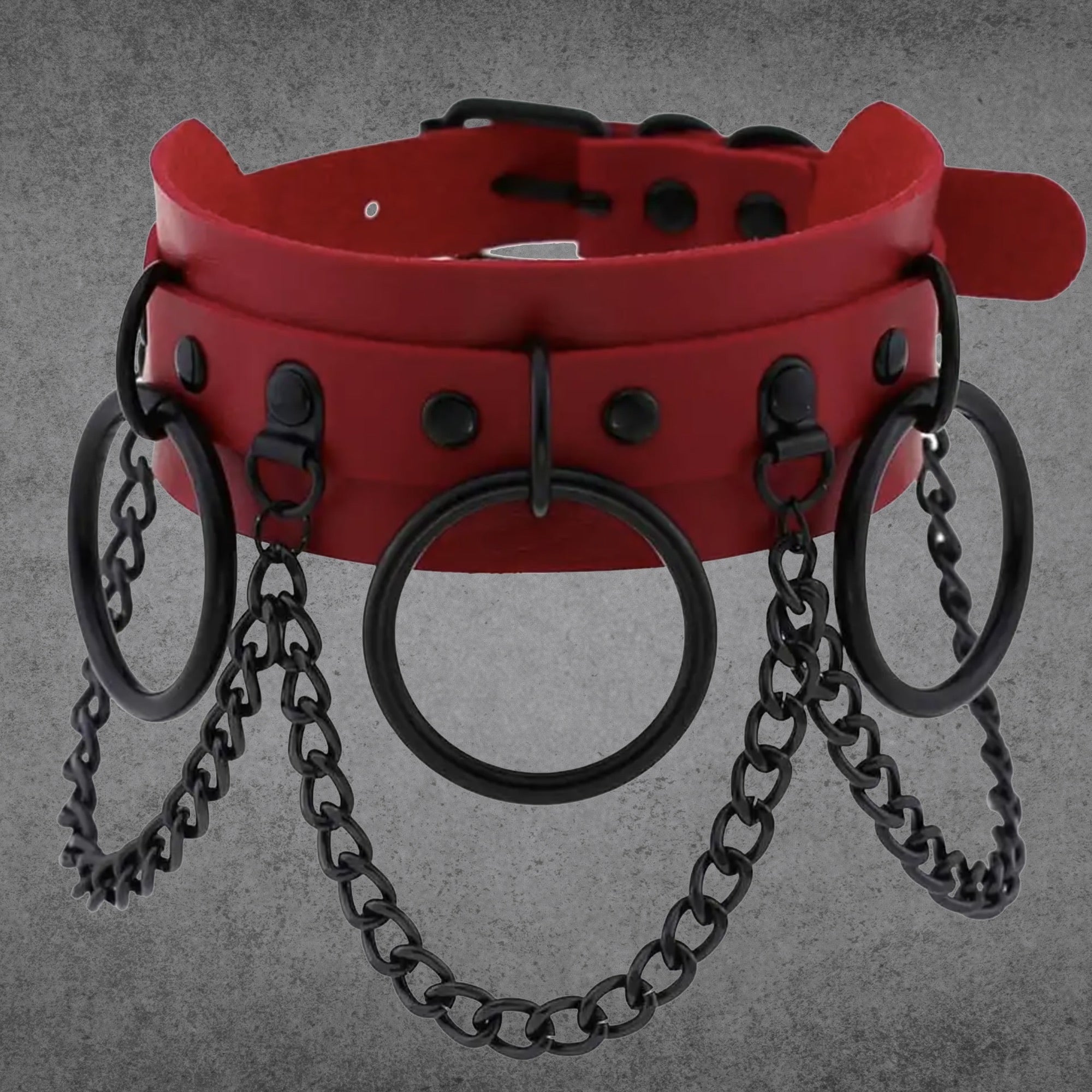 Triple O Ring & Chains Collar - Red & Black