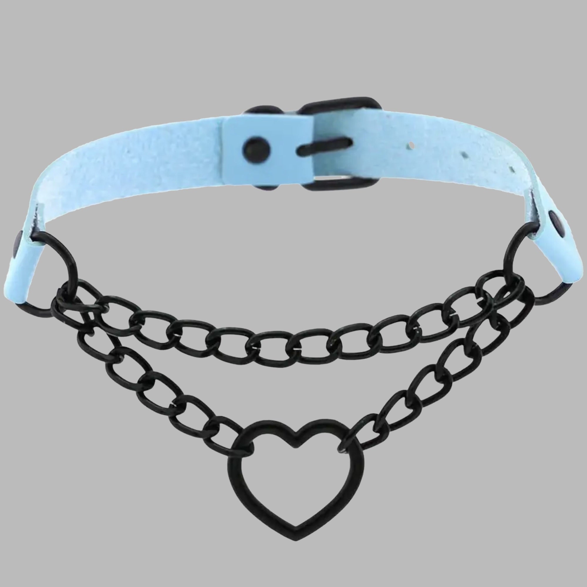 Chained Heart Choker - Baby Blue & Black