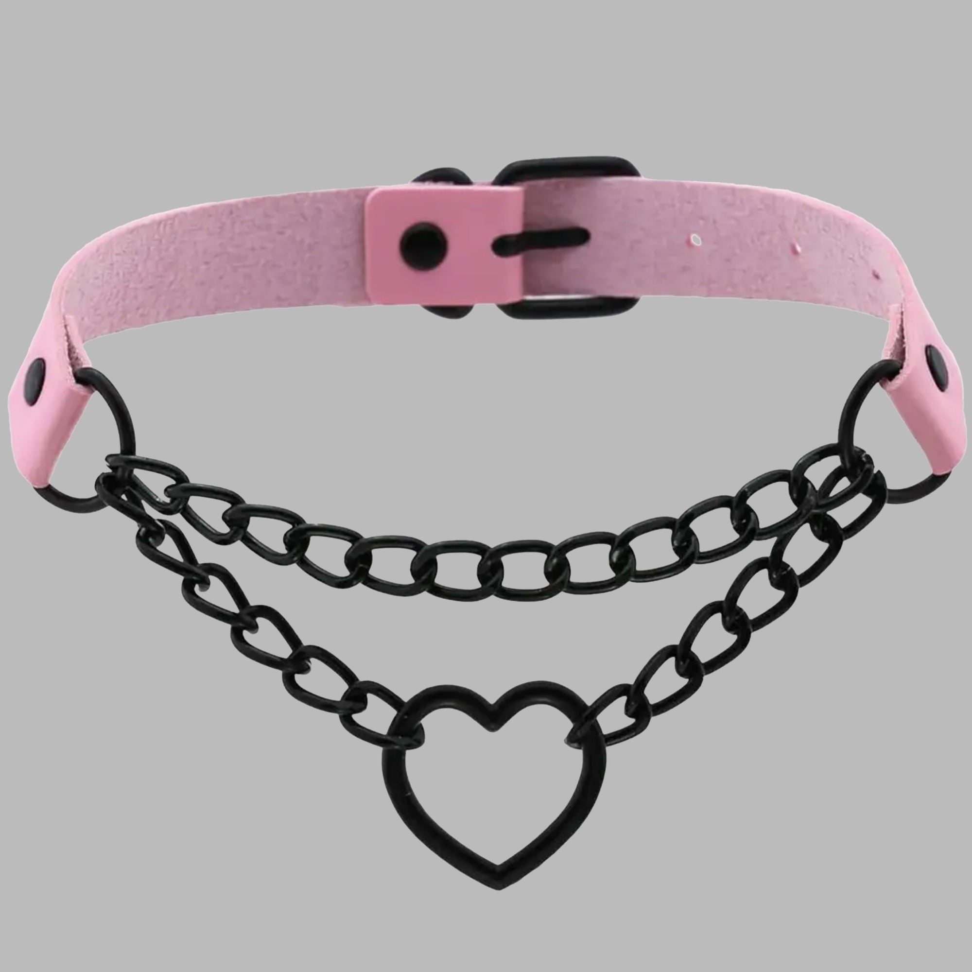 Chained Heart Choker - Baby Pink & Black