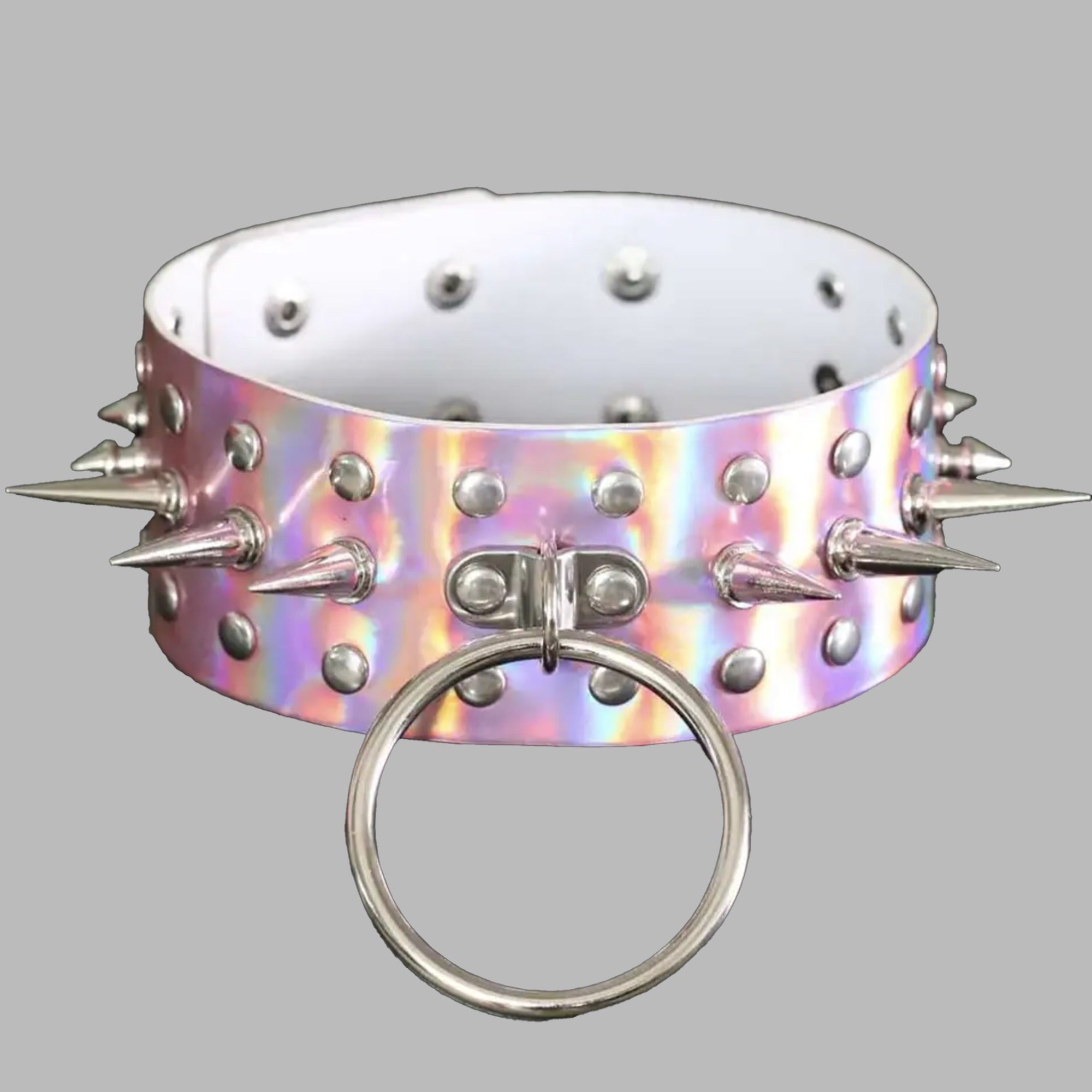 Großes Halsband mit O-Ring und Spikes - Pink Chrom