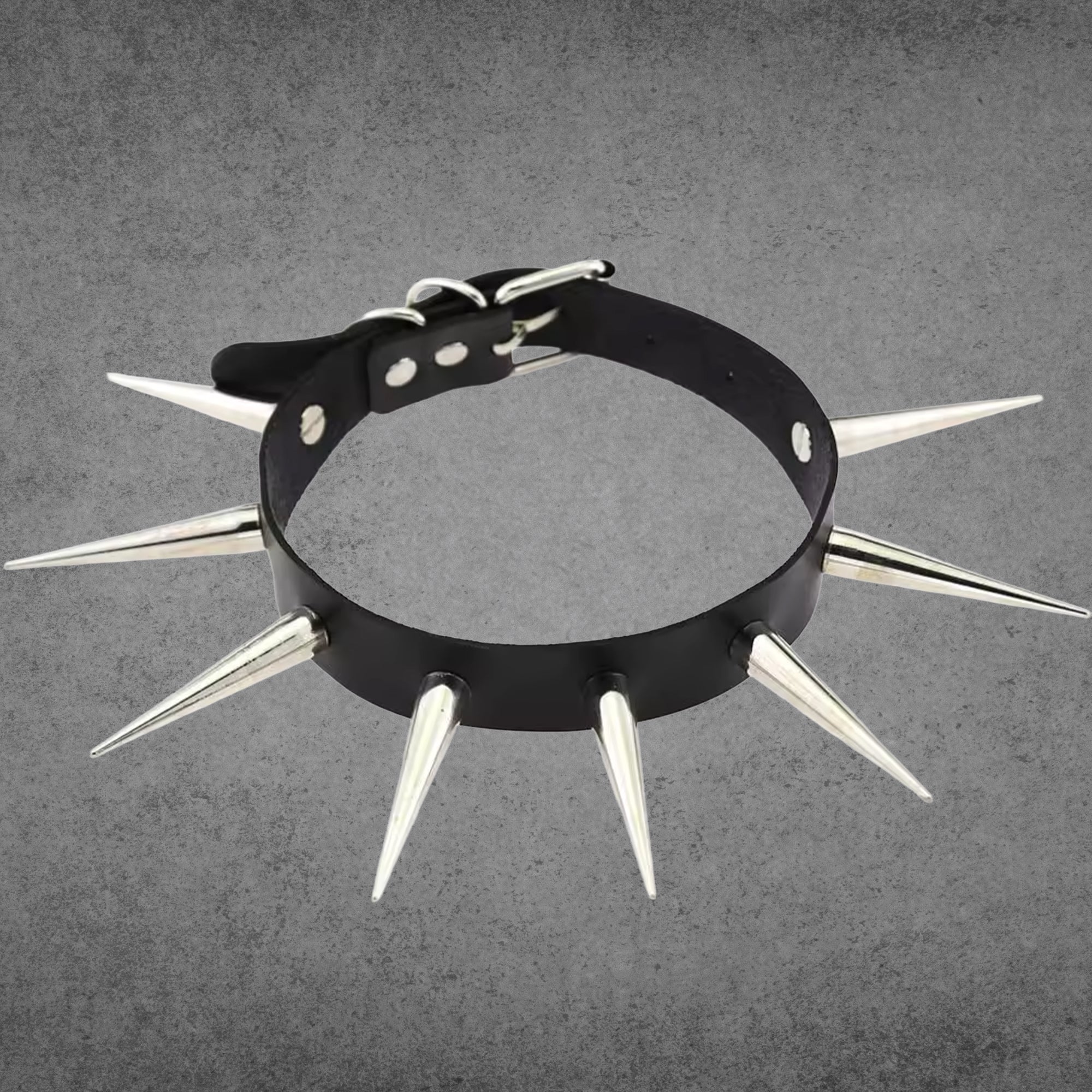 Black faux leather punk collar with XL 2 inch silver spikes, 1 inch wide band