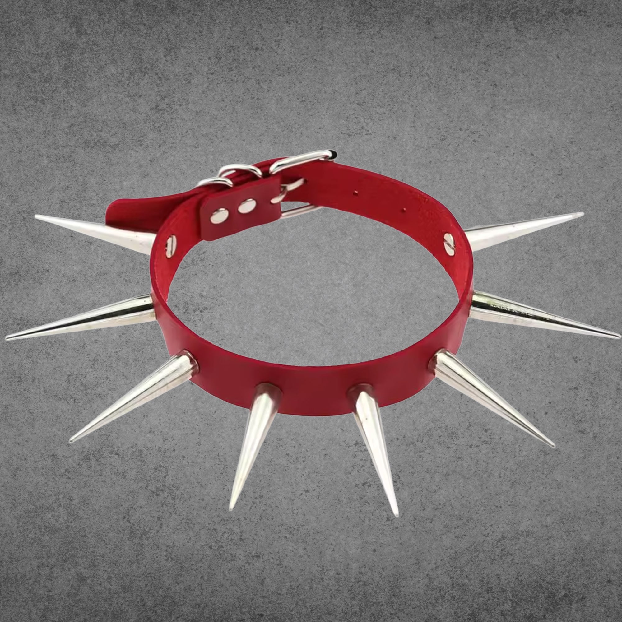 Red faux leather punk collar with XL 2 inch silver spikes, 1 inch wide band
