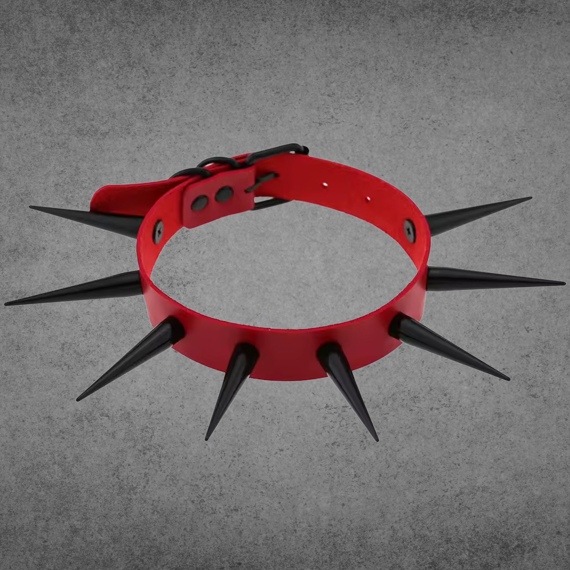 Red faux leather punk collar with XL 2 inch black spikes, 1 inch wide band