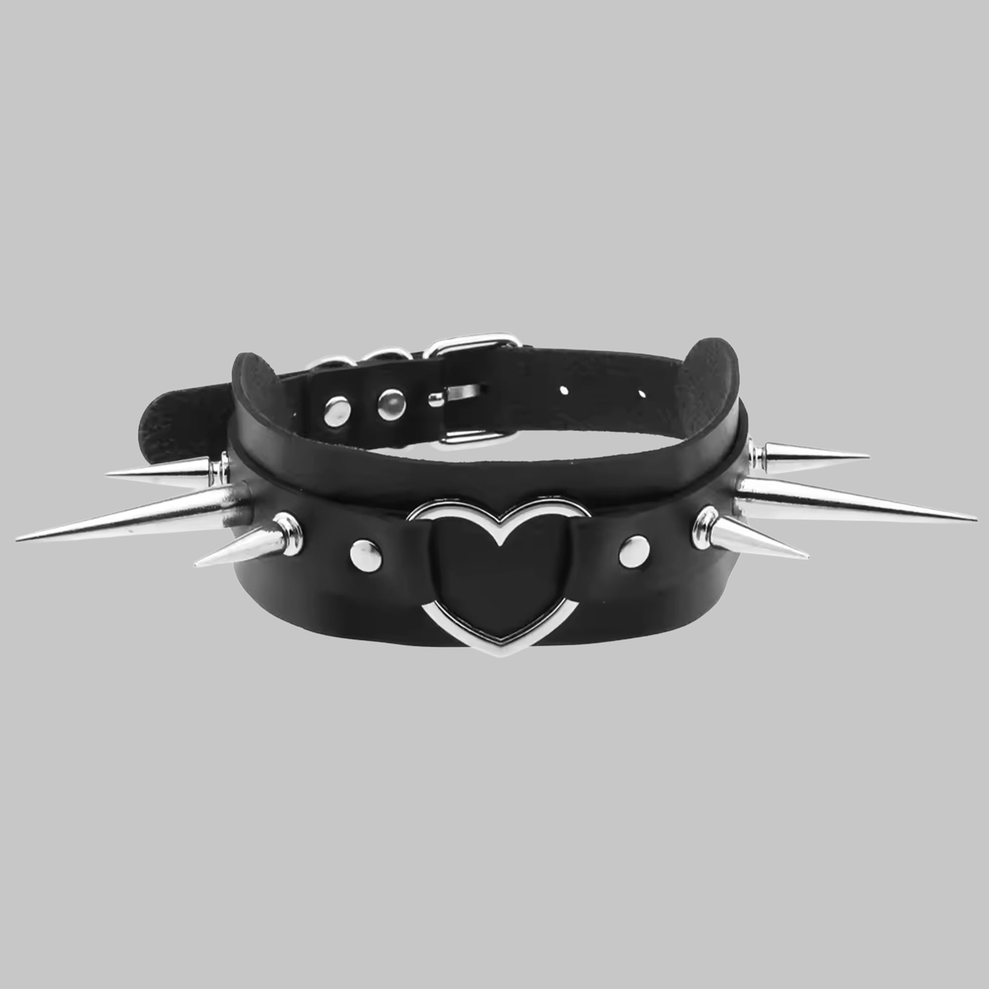 Black spiked heart punk collar, silver heart with 1 and 2 inch spikes