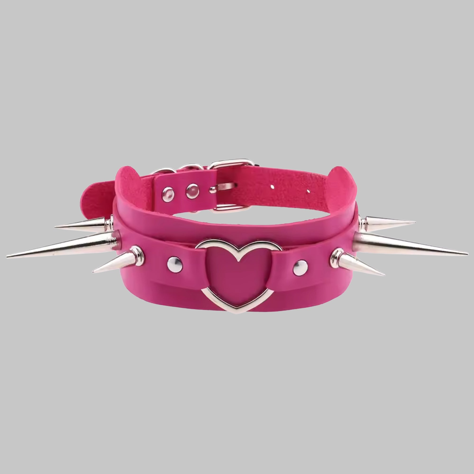 Hot pink spiked heart punk collar, silver heart with 1 and 2 inch spikes