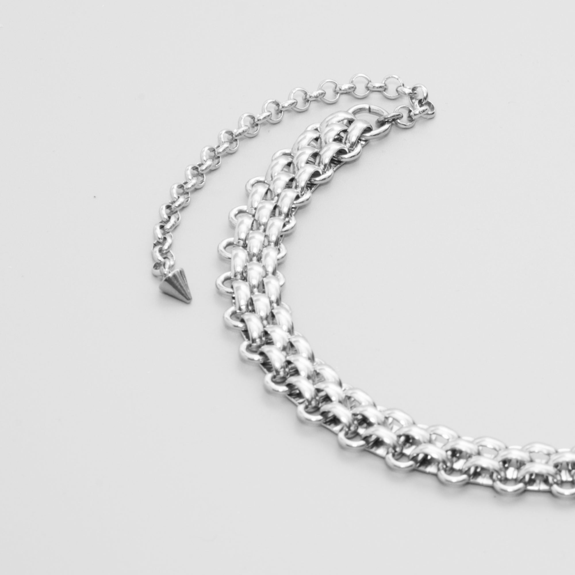 Silver coloured triple layer chainmail choker close up