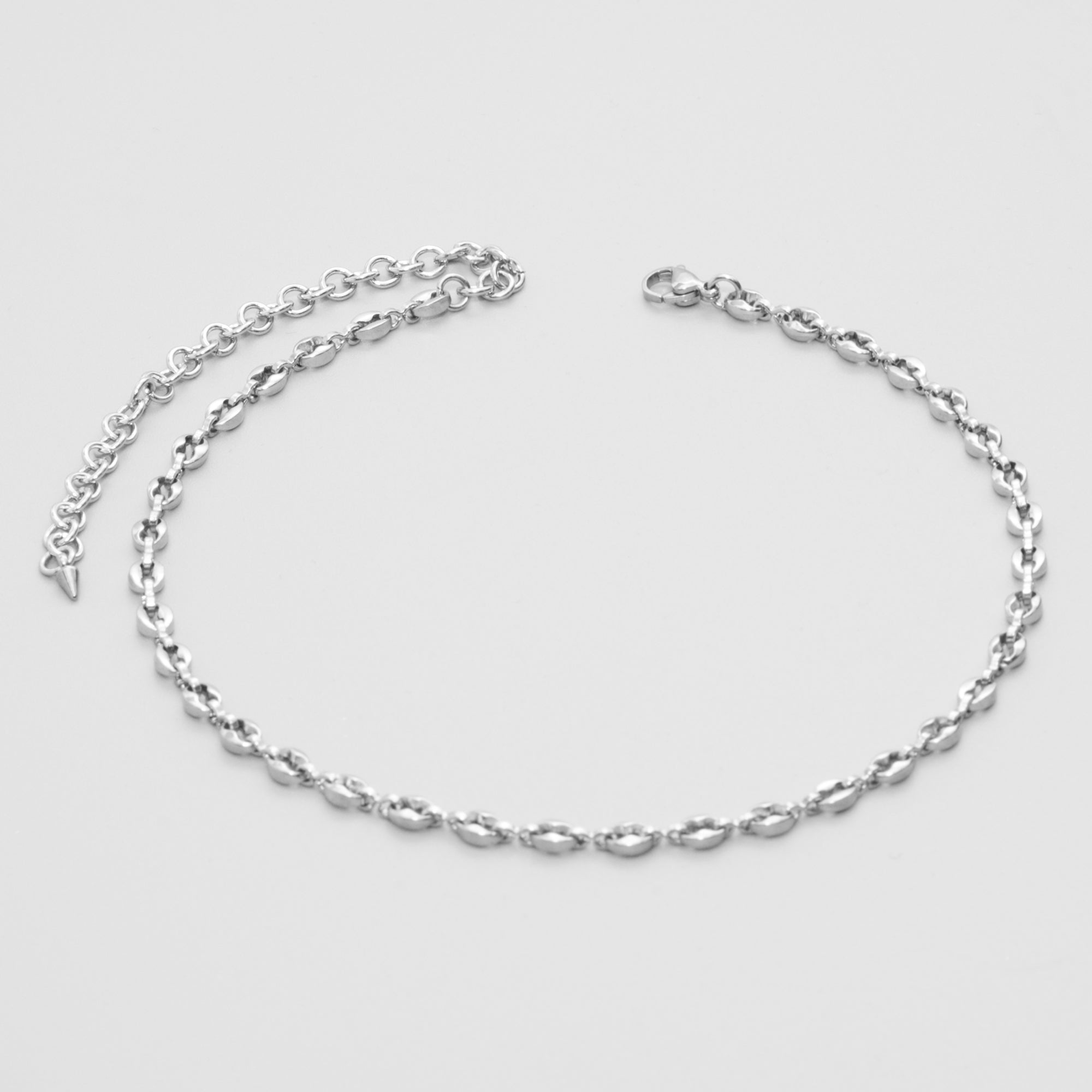 Coffee bean link choker necklace in silver stainless steel 