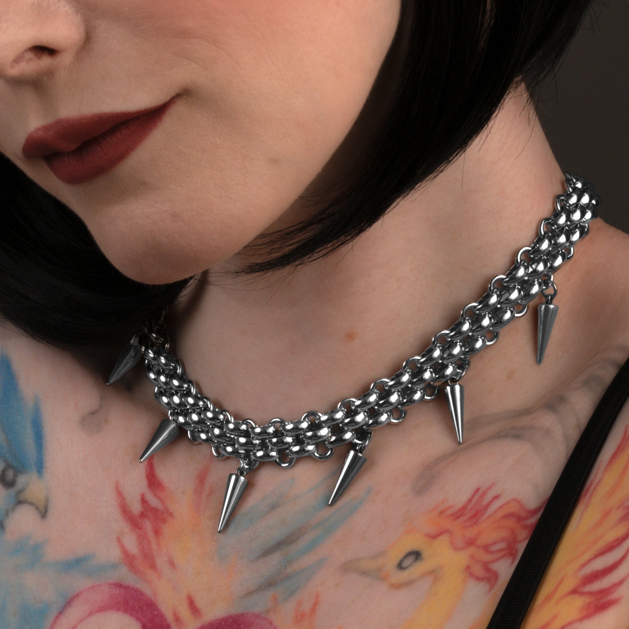 Close up of Gothic Spiked Chainmail Choker 