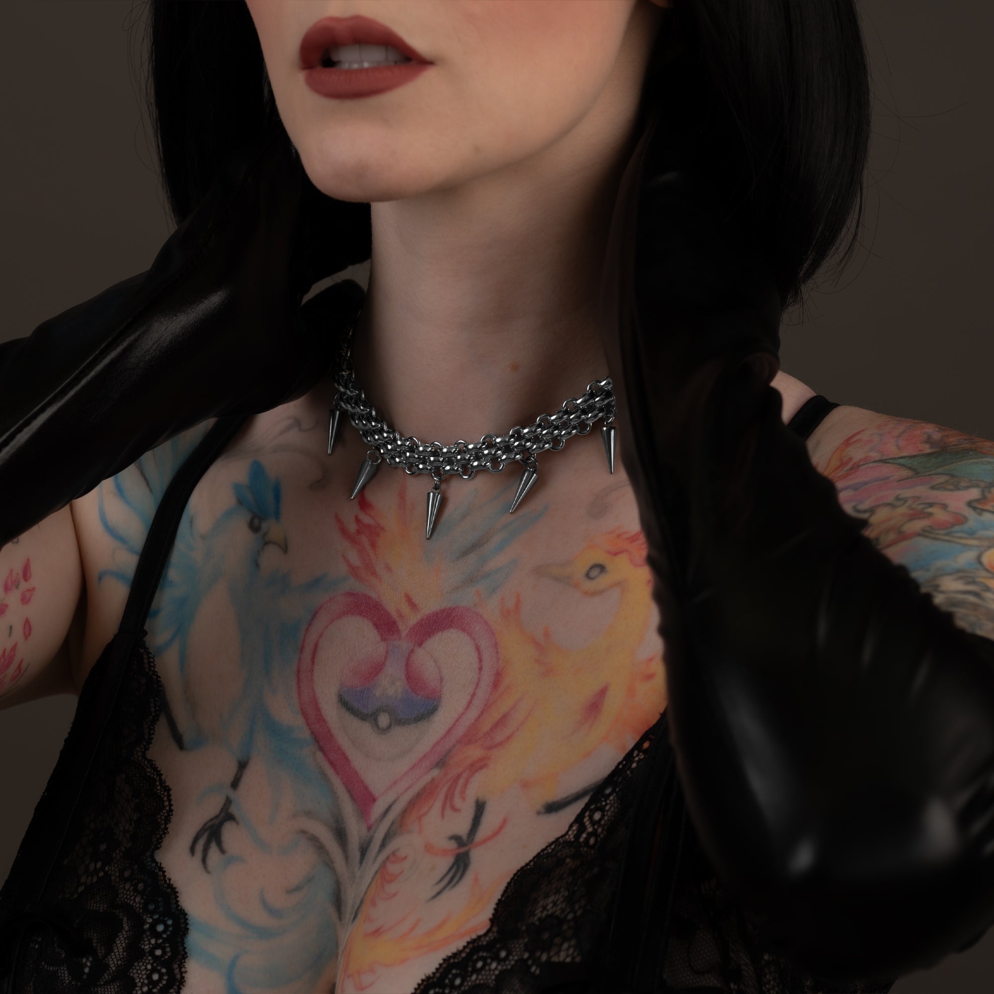 Gothic Spiked Chainmail Choker on tattooed model 