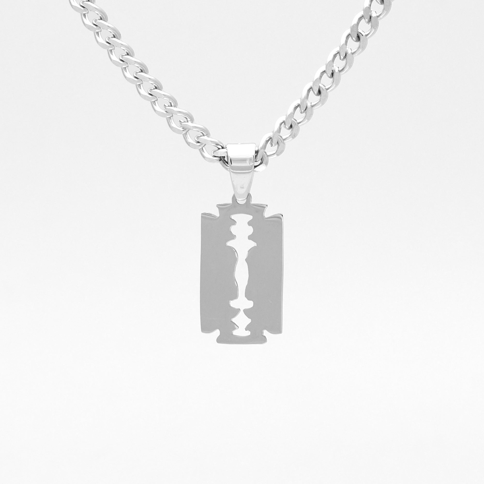 silver razor blade necklace on cuban link chain