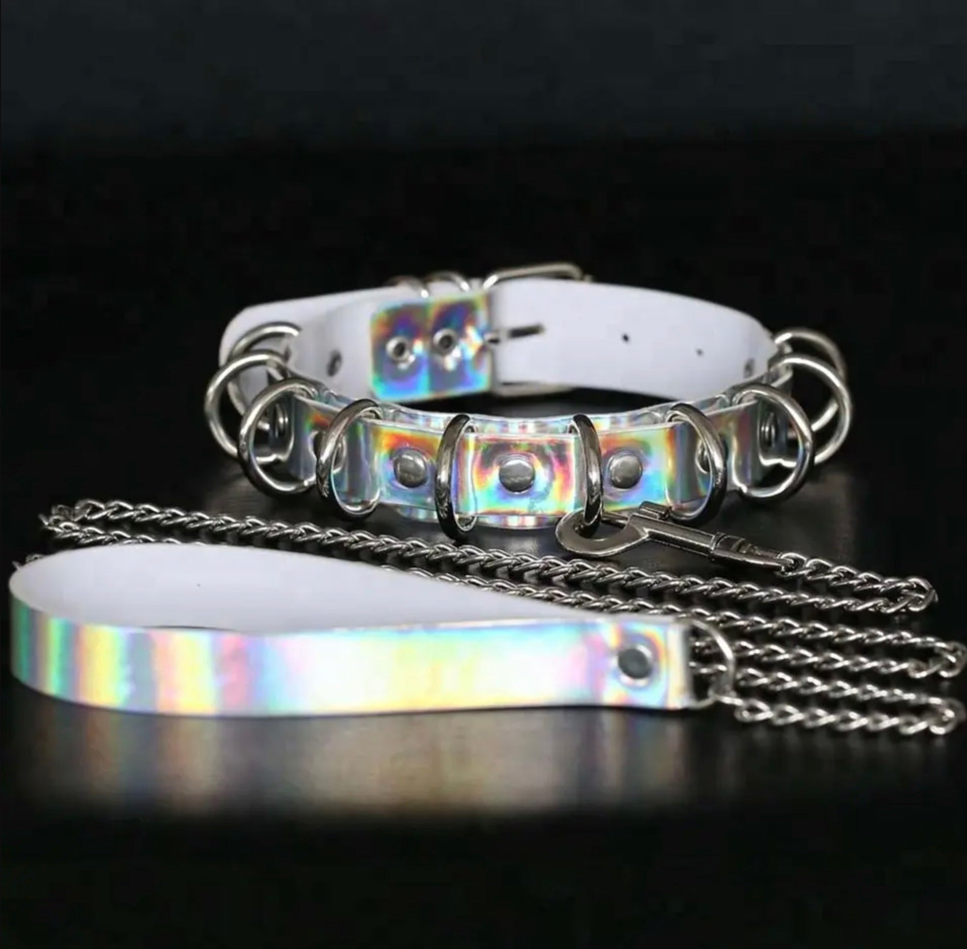 D Rings Collar & Leash Set - Silver Chrome