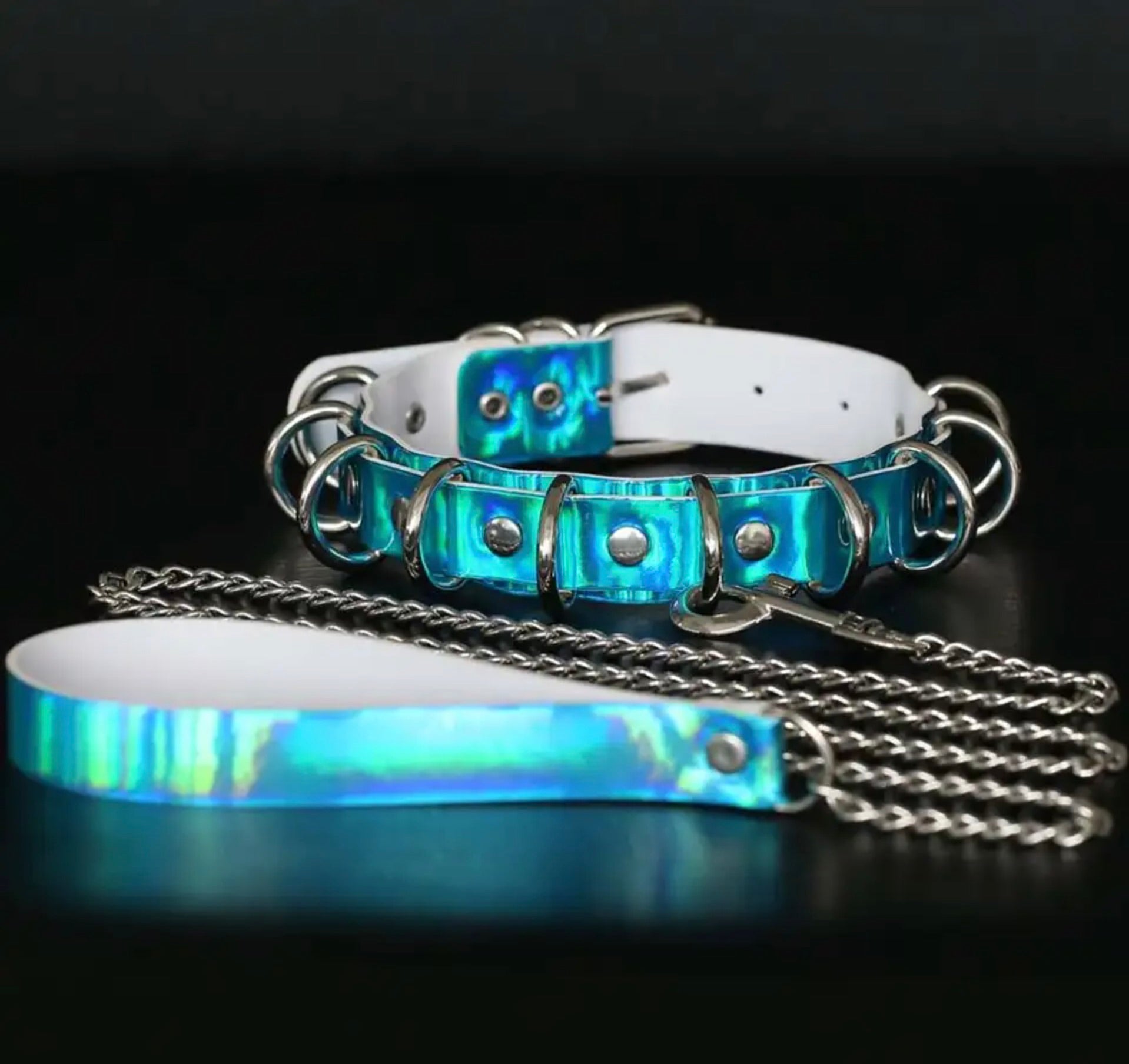 D Rings Collar & Leash Set - Blue Chrome